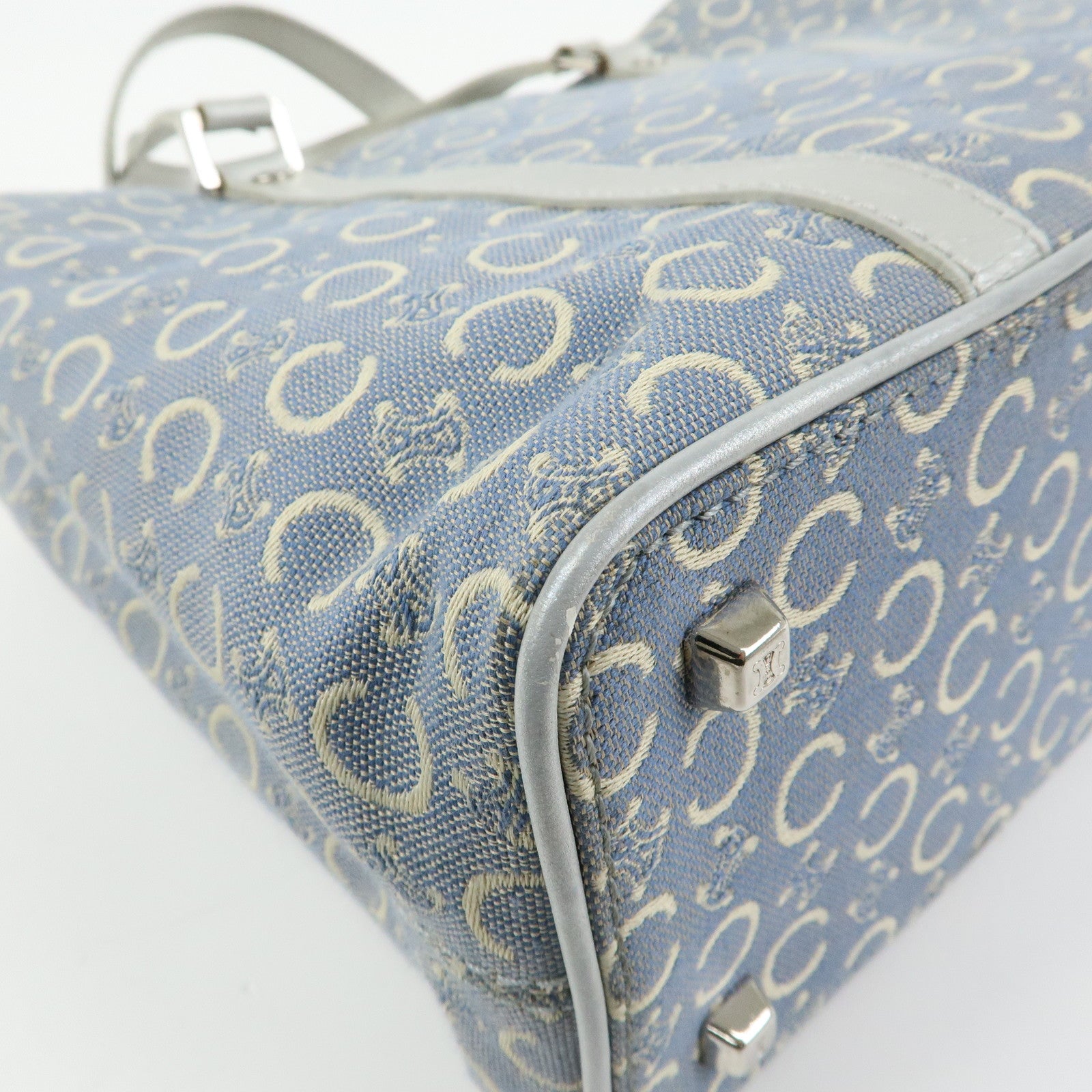 CELINE C Macadam Canvas Leather Tote Bag Hand Bag Light Blue Silver