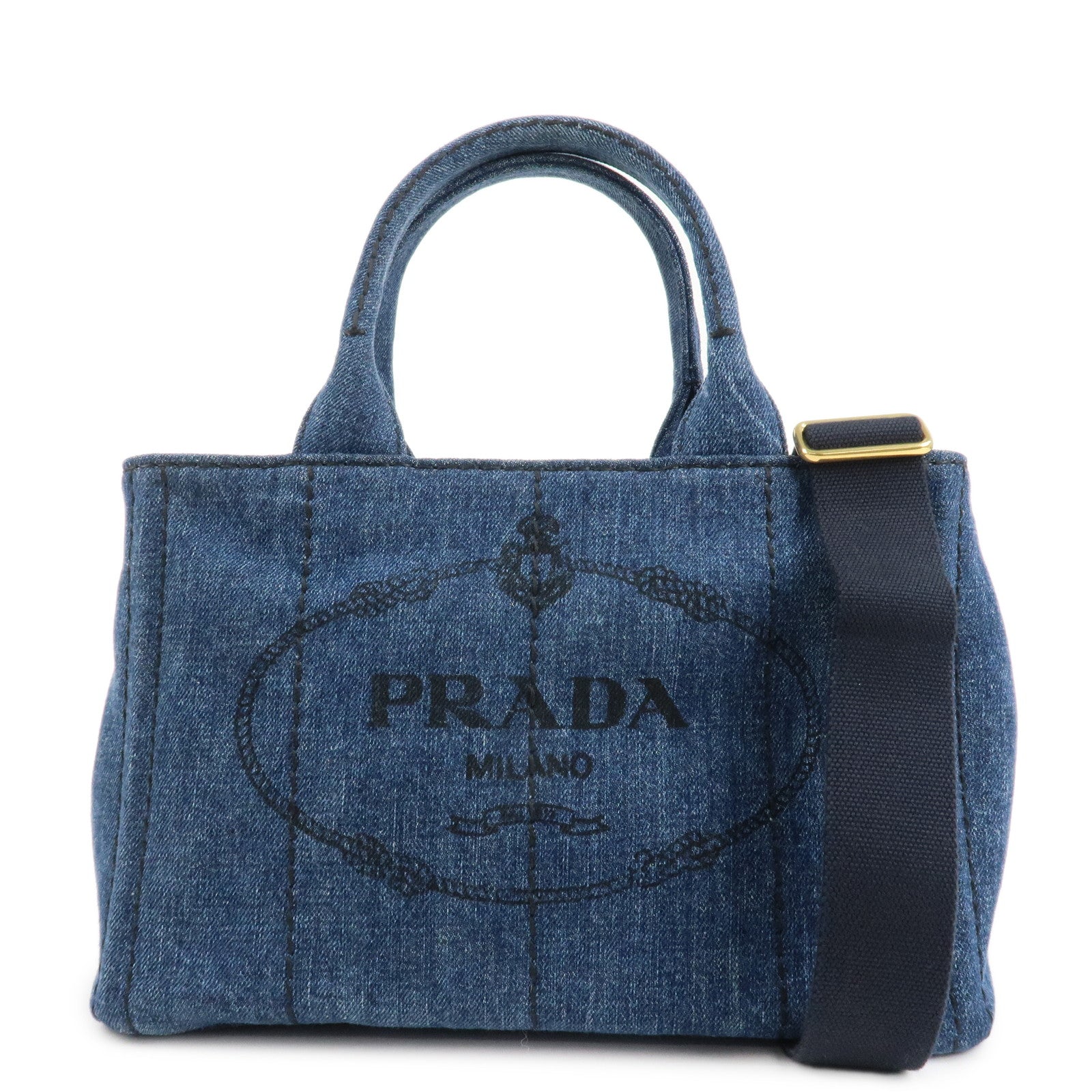 PRADA Canapa Denim 2Way Bag Hand Bag Shoulder Bag Navy B2642B Used