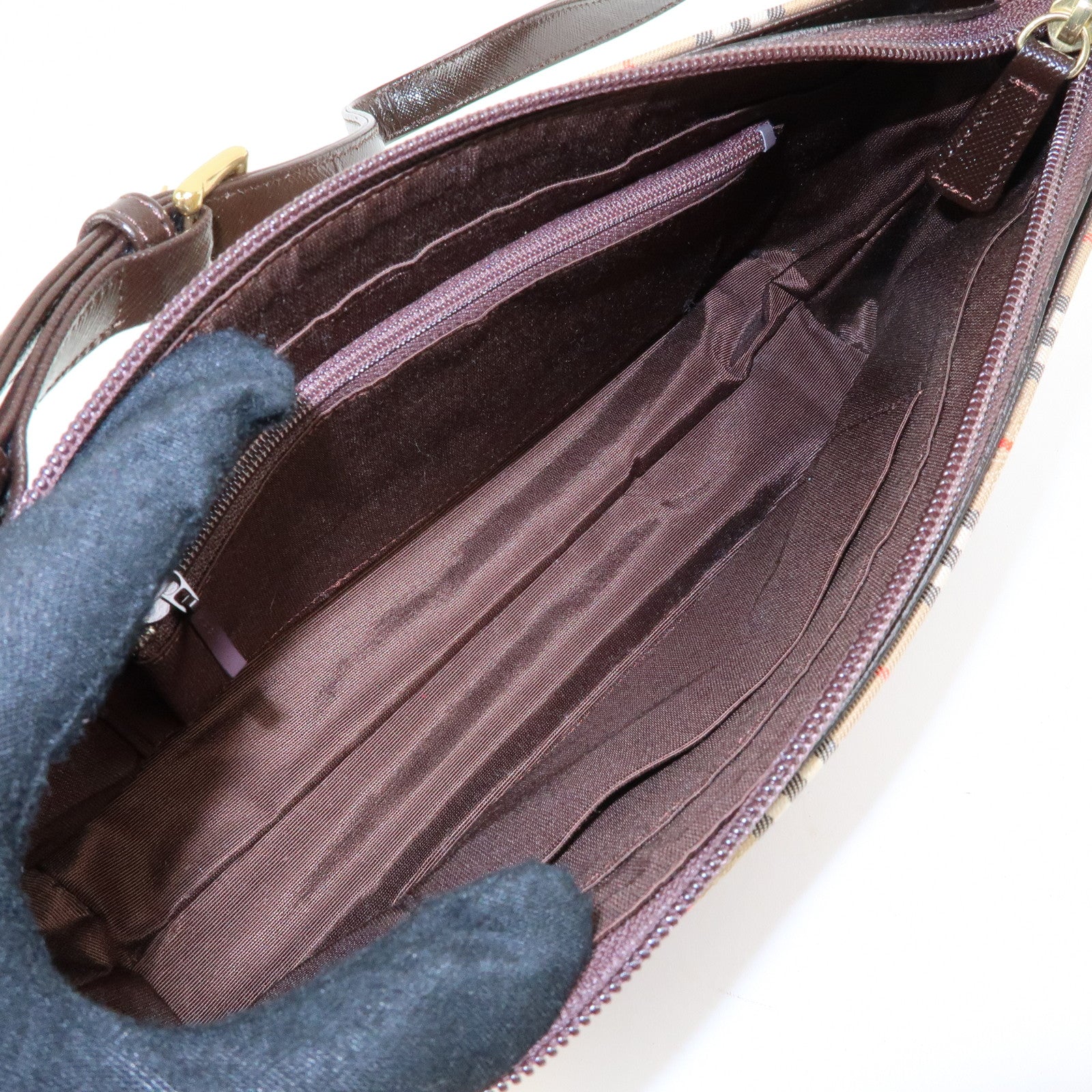 BURBERRY Nova Plaid Canvas Leather Shoulder Bag Beige Brown