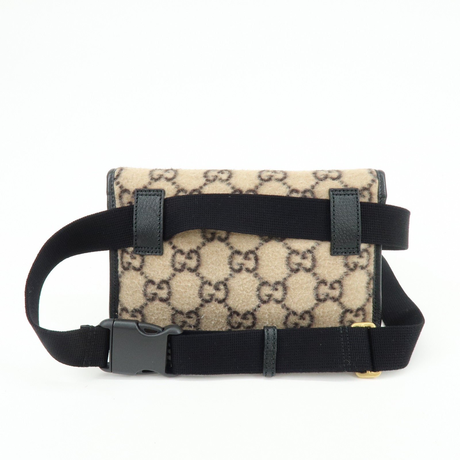 GUCCI GG Wool Leather Waist Pouch Body Bag Beige Black 598181