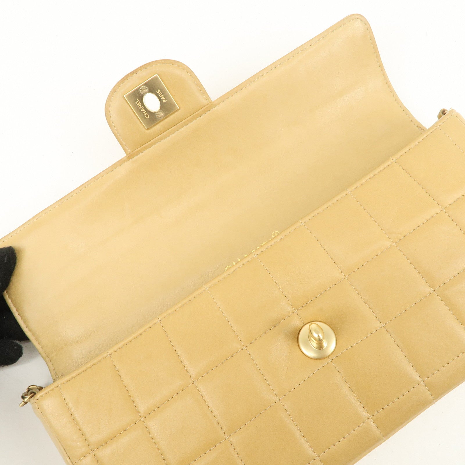 CHANEL Chocolate Bar Lamb Skin Chain Shoulder Bag Beige Gold Used