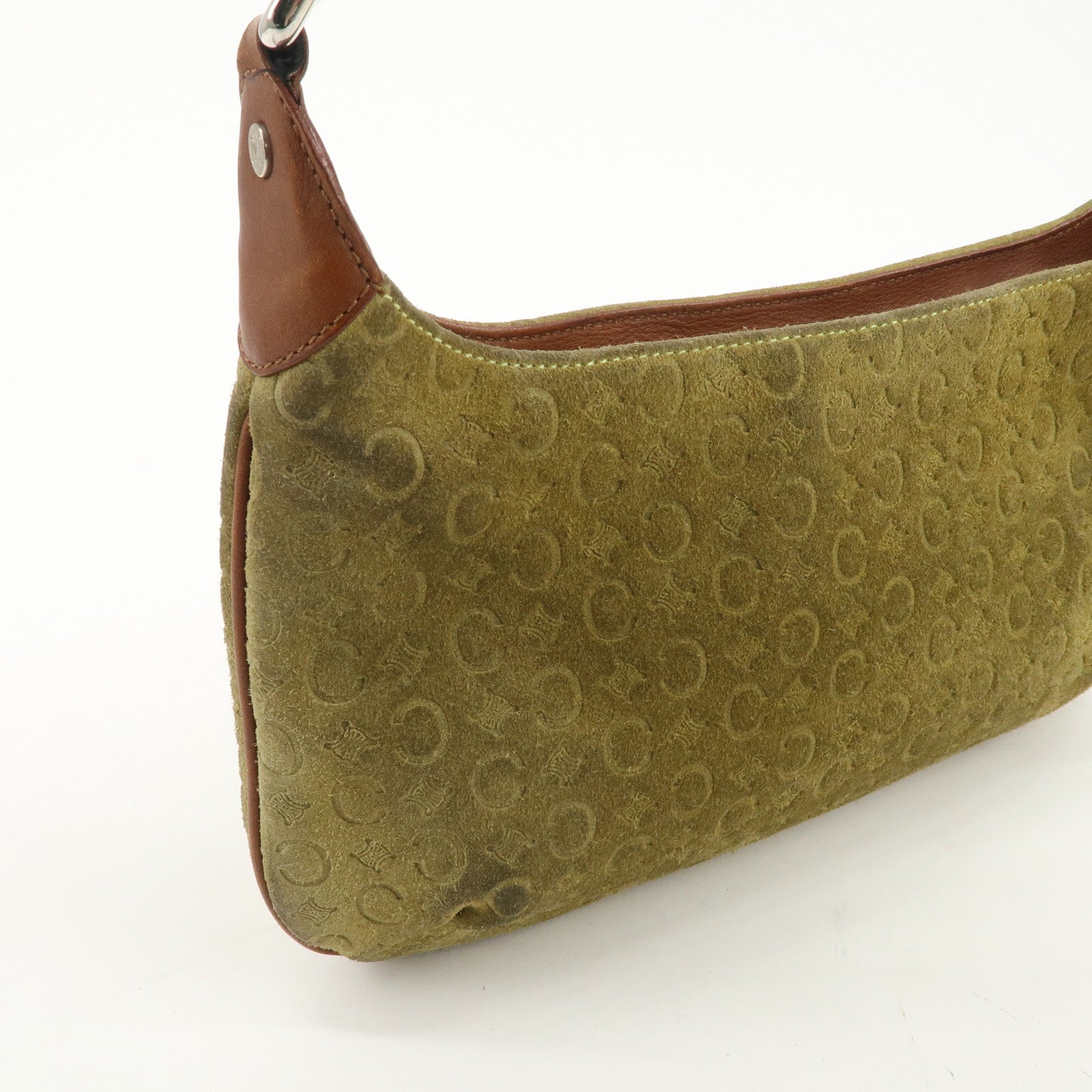 CELINE C Macadam Suede Leather Shoulder Bag Hand Bag Green Brown