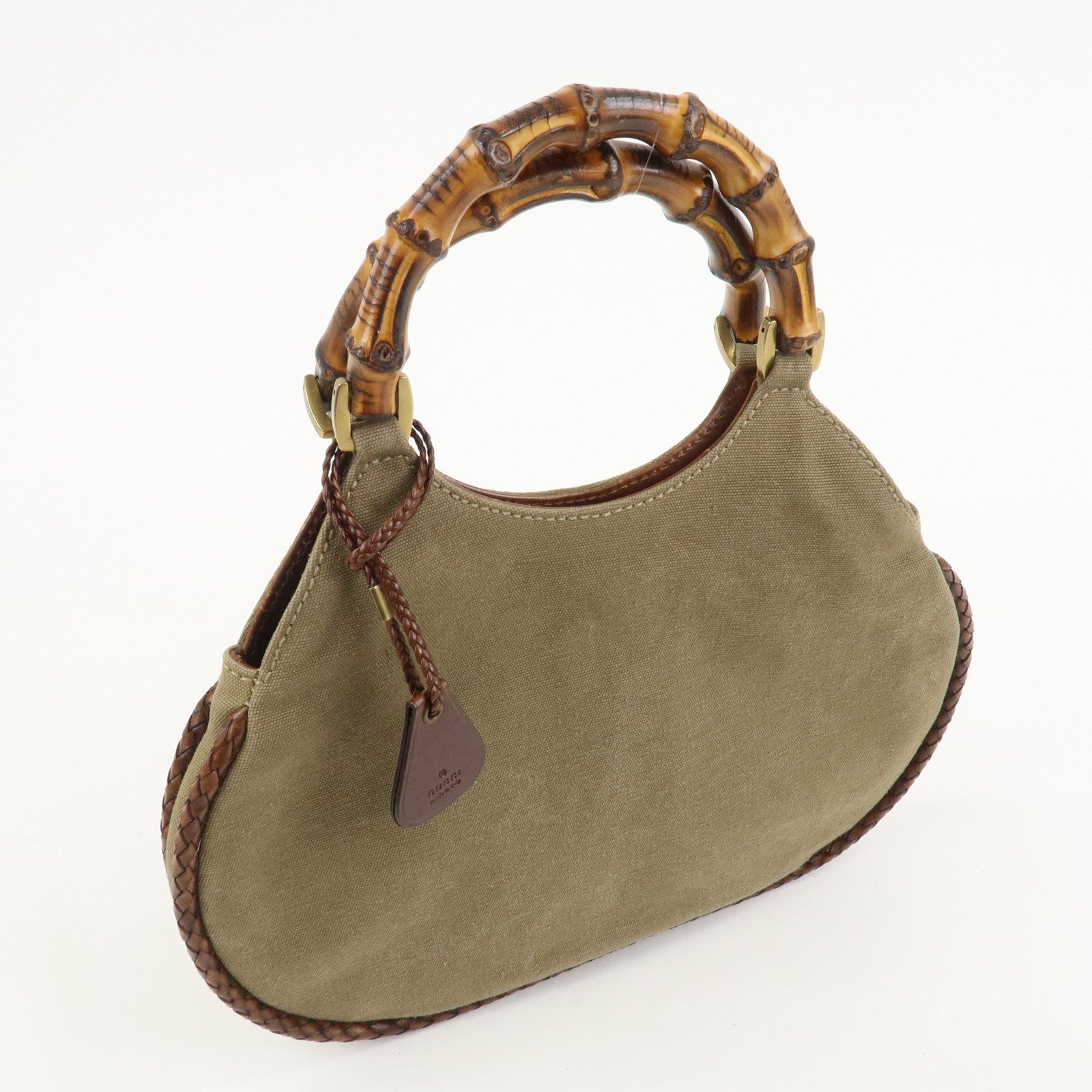 GUCCI Bamboo Canvas Leather Shoulder Bag Hand Bag Brown 109128