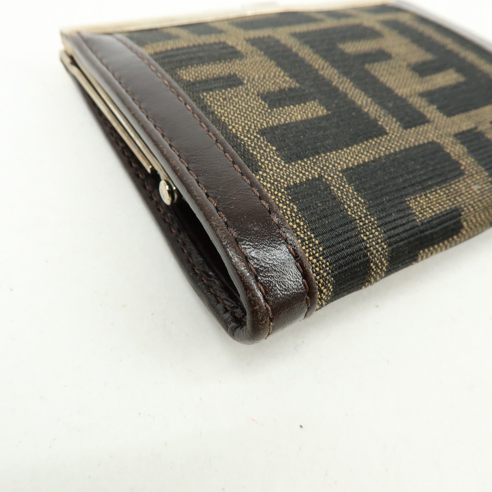 FEND Zucca Canvas Leather Compact Wallet Coin Case Brown