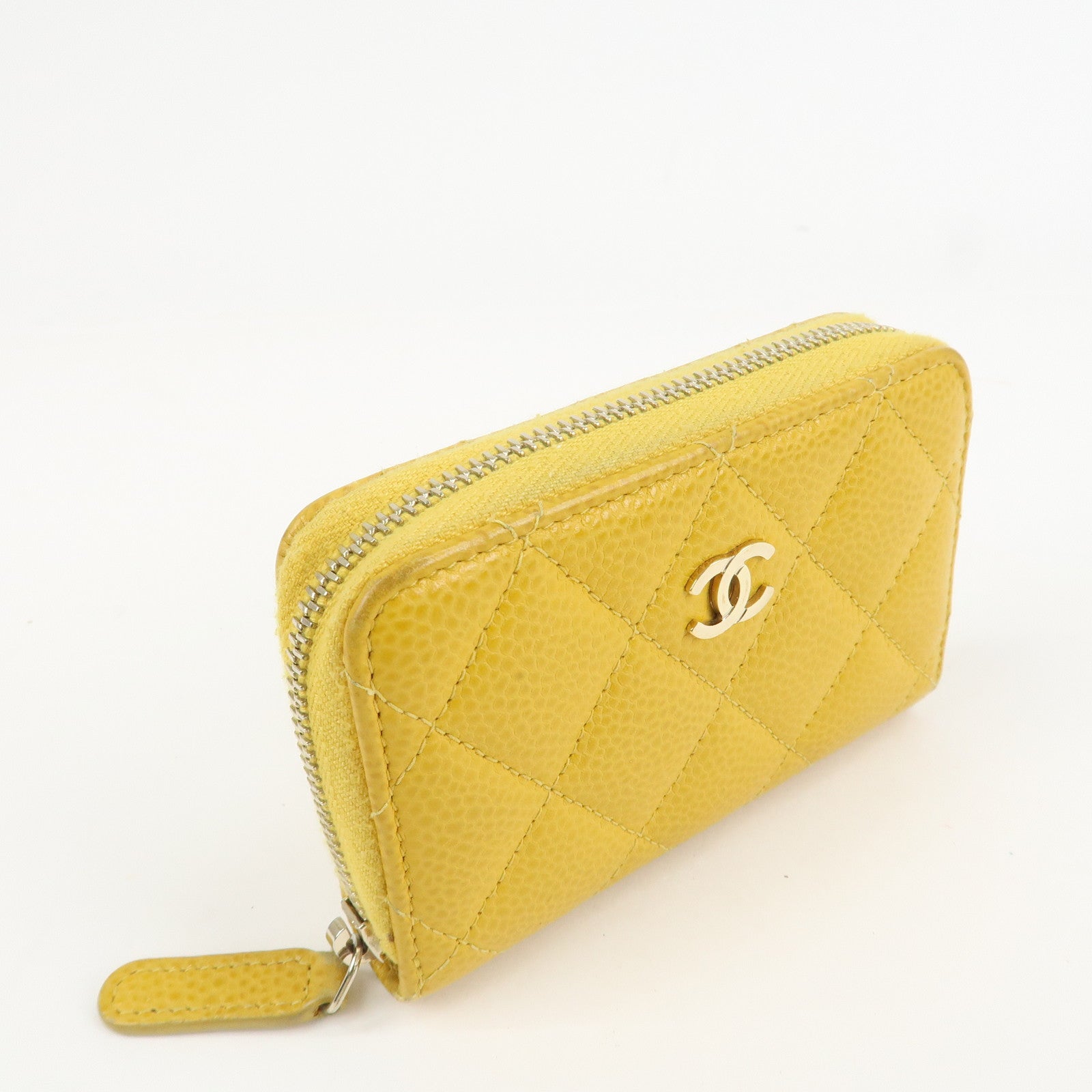 CHANEL Matelasse Caviar Skin Round Zippy Coin Case Yellow A84511 Used