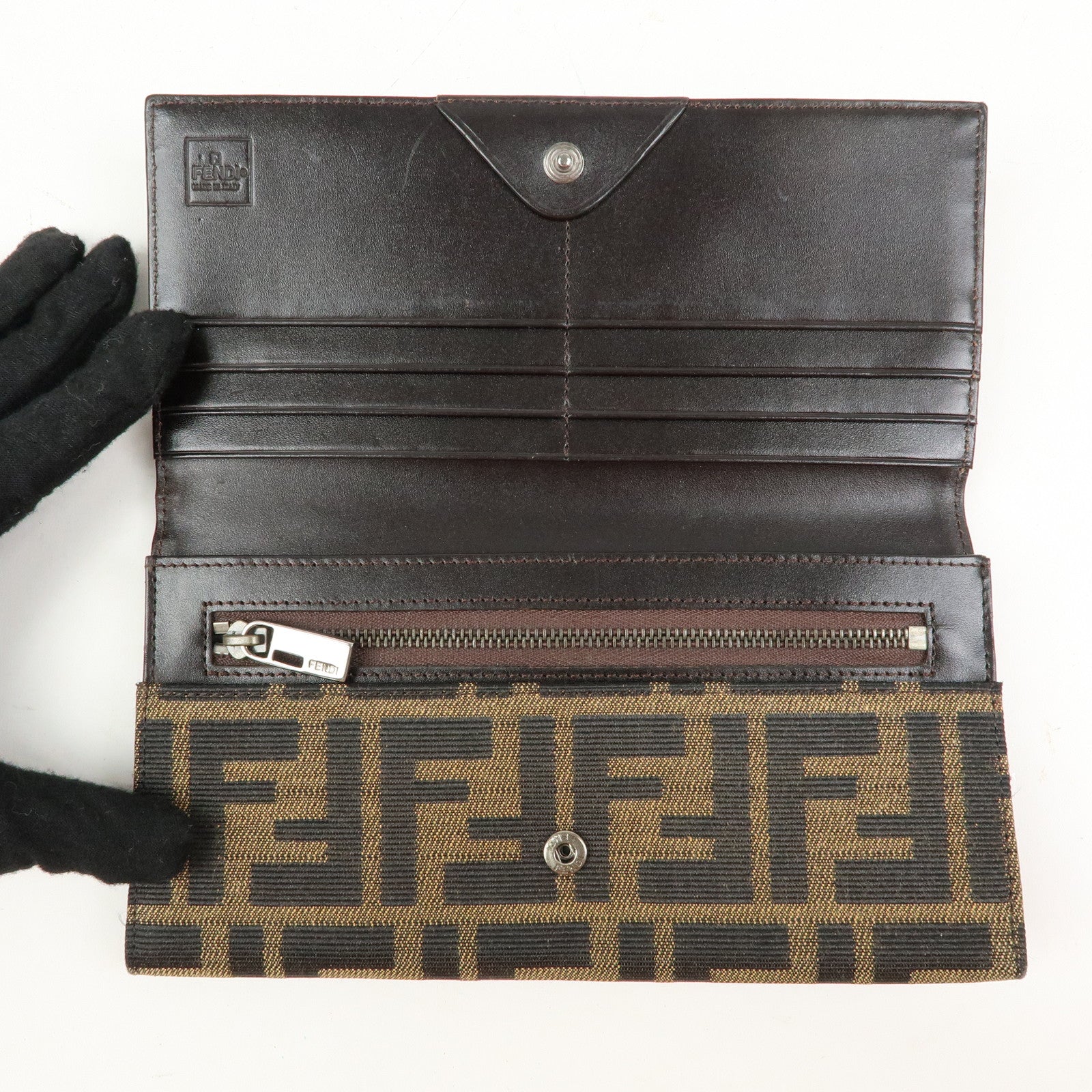 FENDI Zucca Canvas Bi-fold Long Wallet Black Brown 8M0009