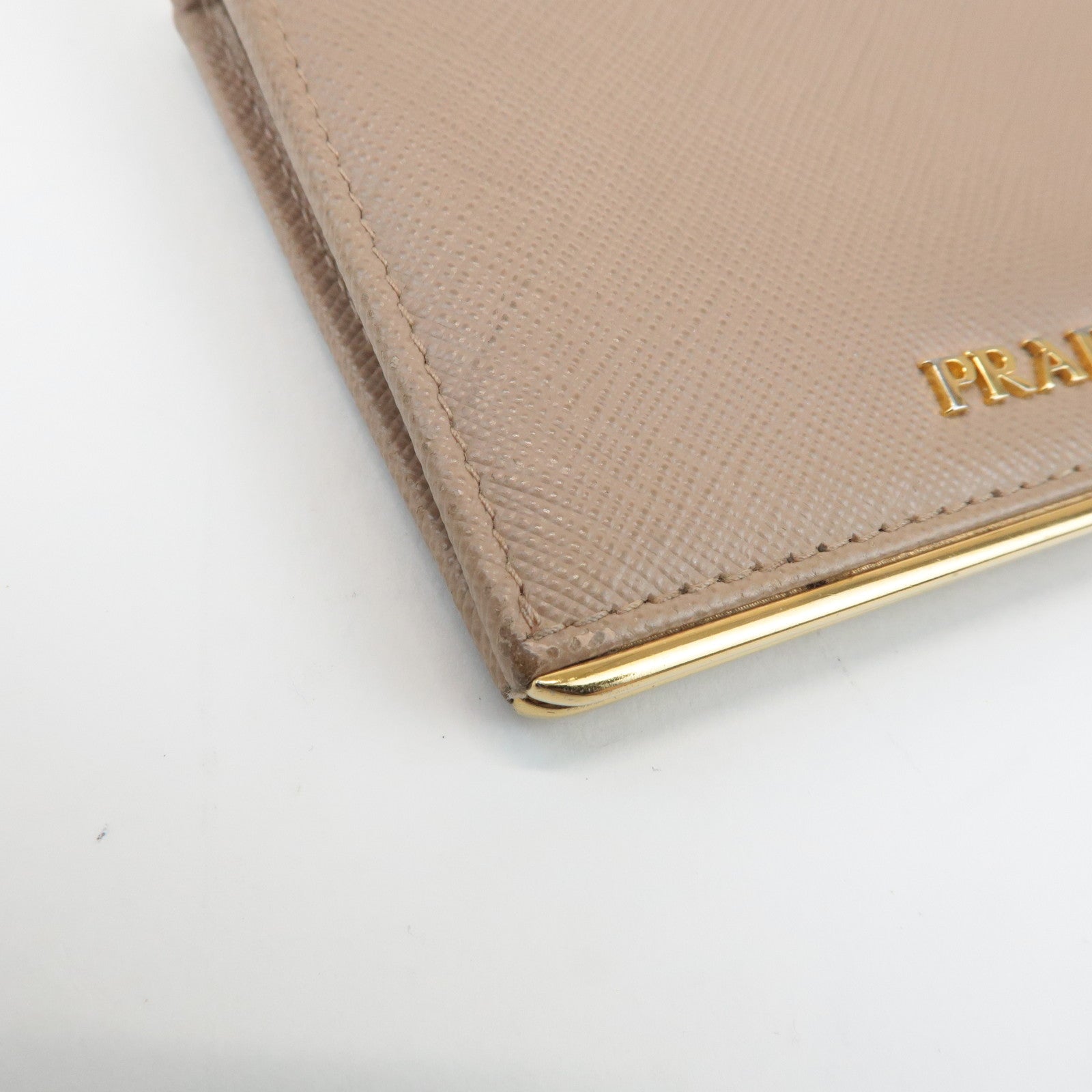 PRADA Logo Saffiano Leather Bi-Fold Small Wallet Beige 1MV204 Used