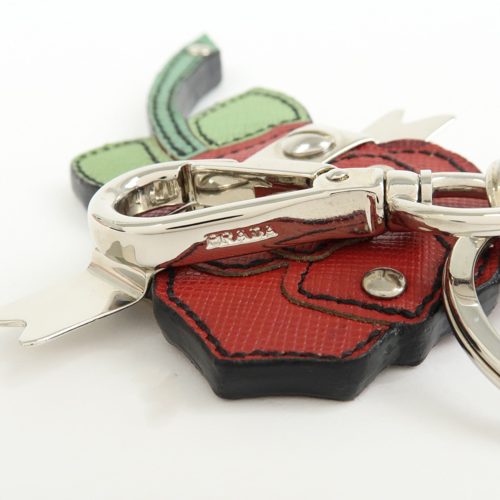 PRADA Saffiano Leather Rose Motif Bag Charm Key Holder Red 1AR290