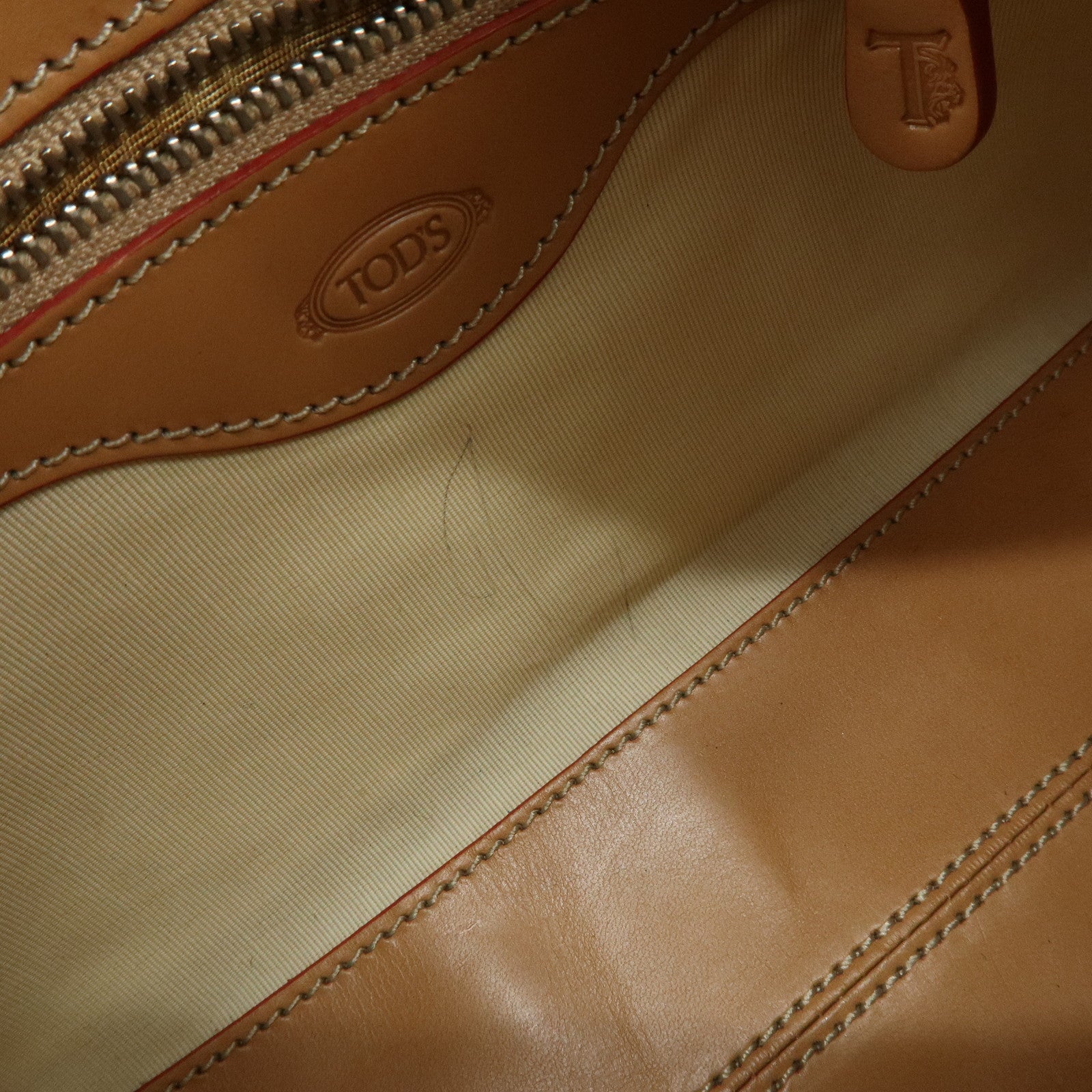 TOD'S Leather Stitched Shoulder Bag Hand Bag Camel