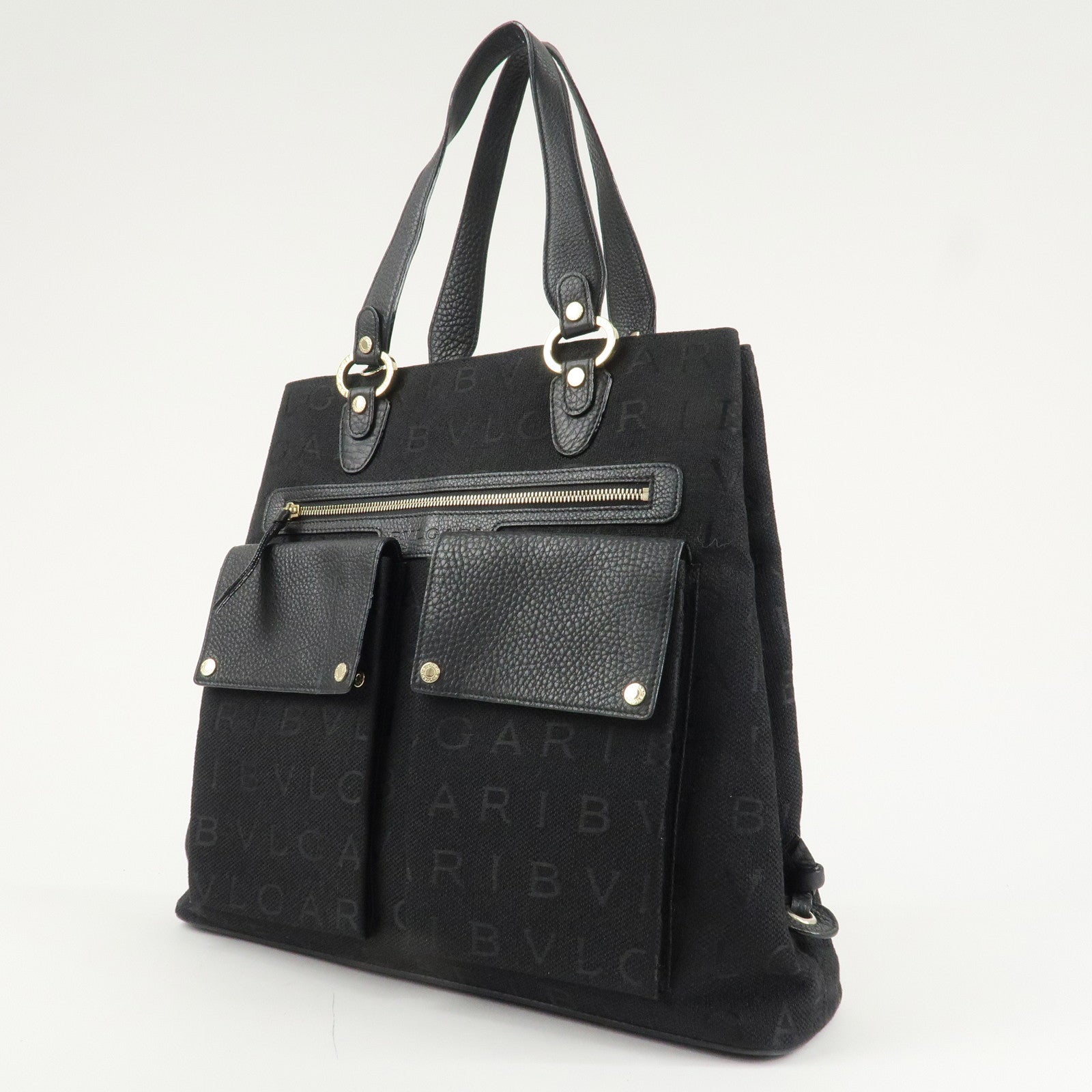 BVLGARI Logo Mania Canvas Leather Tote Bag Black Gold Hardware Used