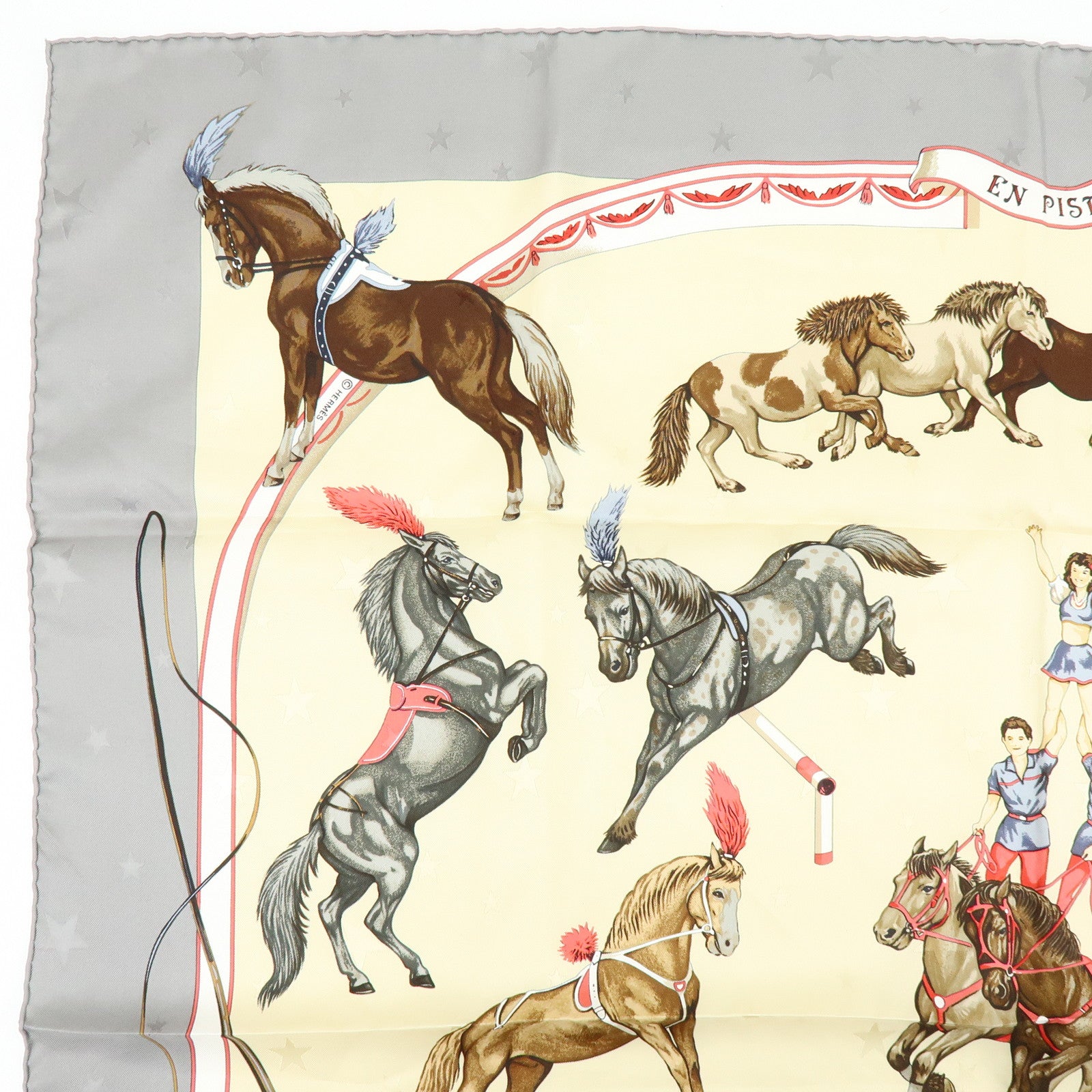 HERMES Carre 90 Silk 100% Scarf EN PISTE Horse Print Beige Gray