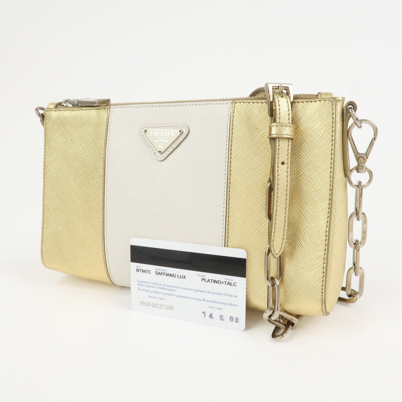 PRADA Logo Leather Crossbody Chain Shoulder Bag Gold BT947C