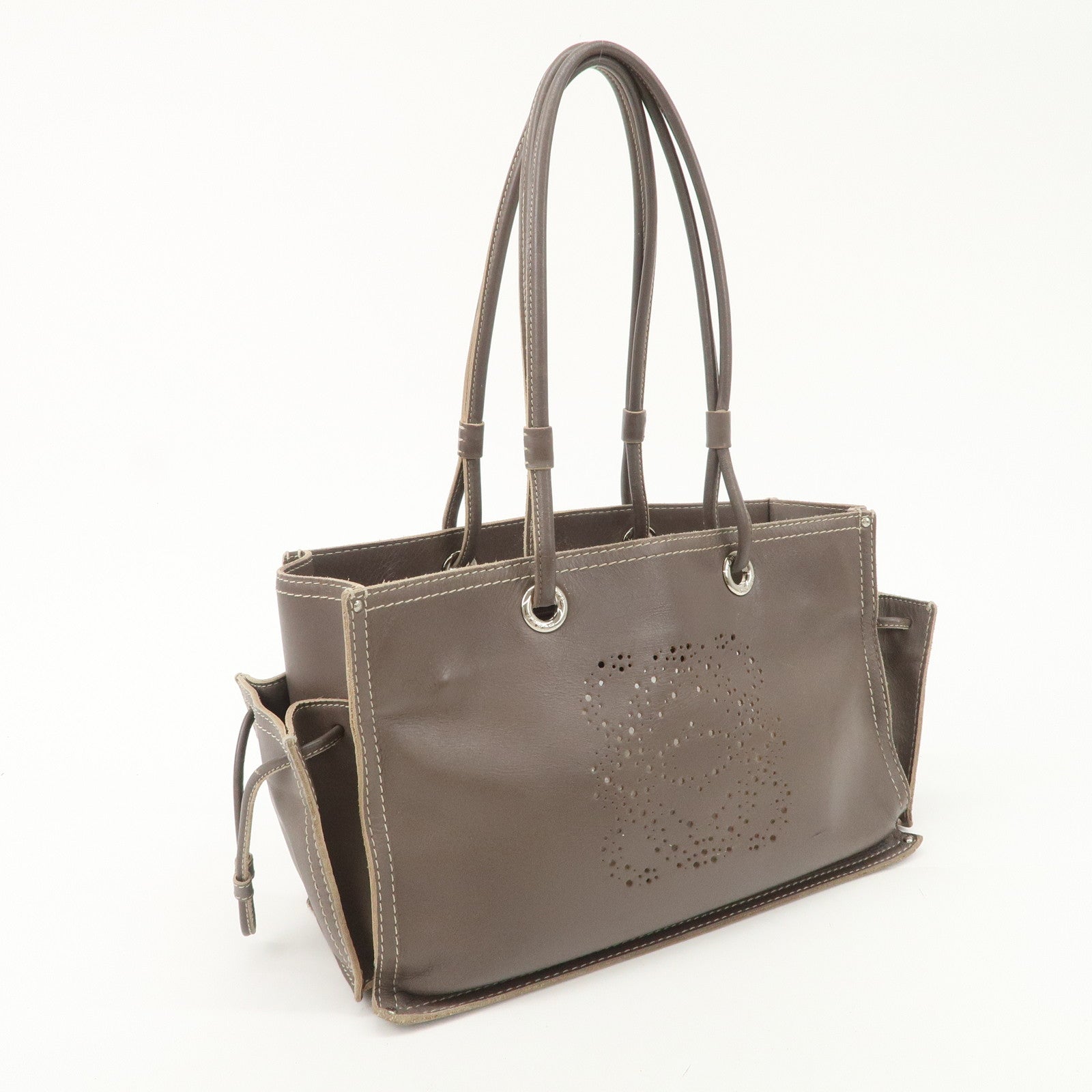 LOEWE Anagram Leather Shopper Tote Bag Shoulder Bag Brown Used