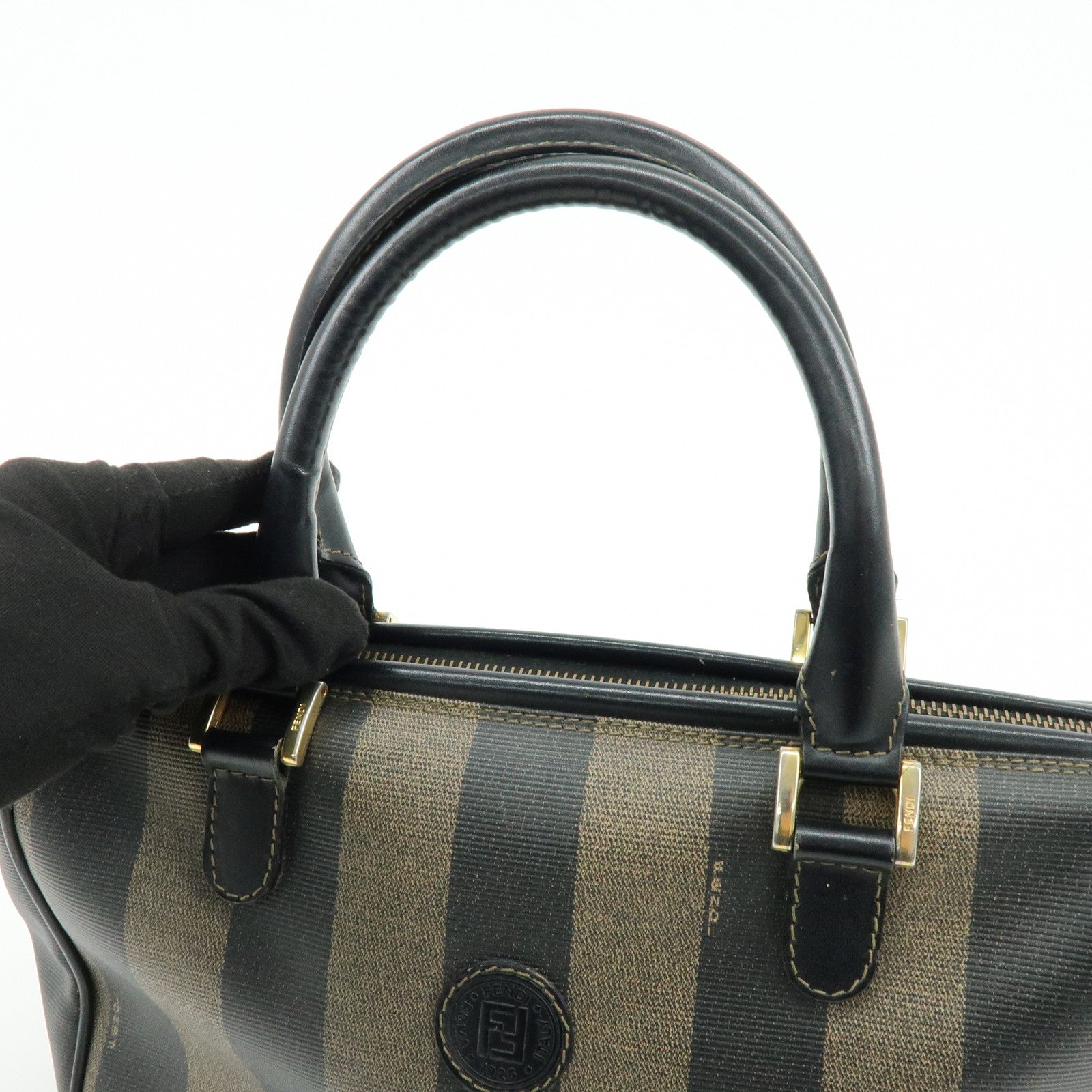 FENDI Pequin PVC Leather Boston Bag Hand Bag Black Brown