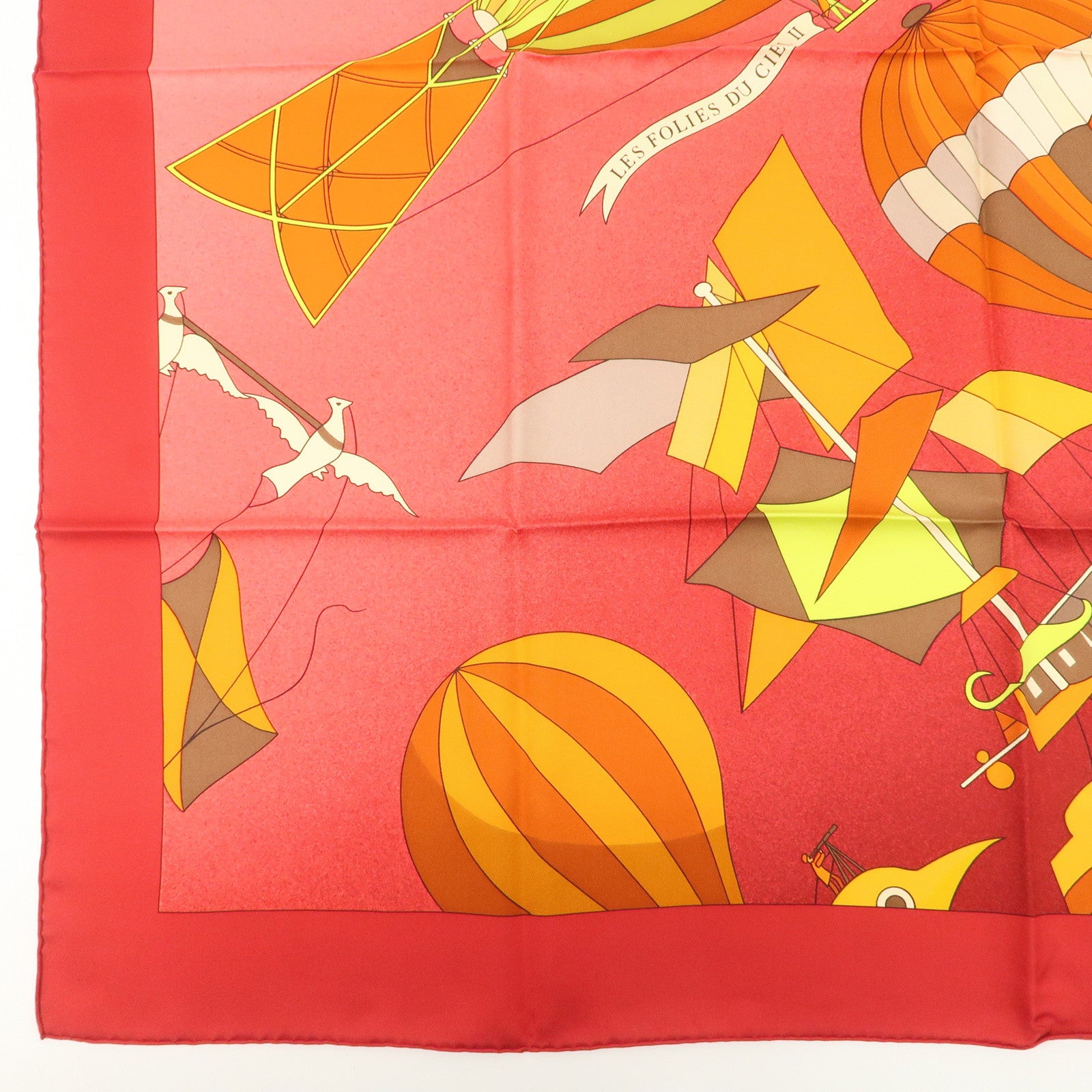 HERMES Carre 90 Silk 100% Scarf LES FOLIES DU CIEL Red Orange