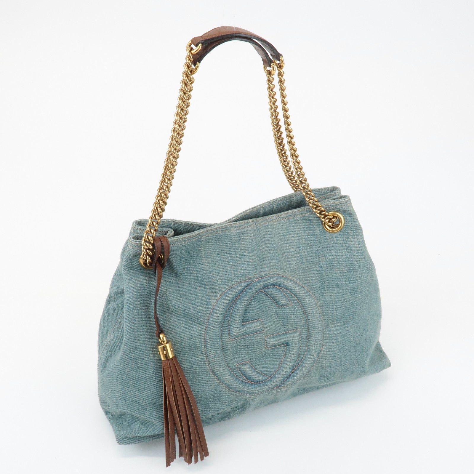 GUCCI SOHO Denim Leather Chain Shoulder Bag Fringe Charm Blue 308982 Used