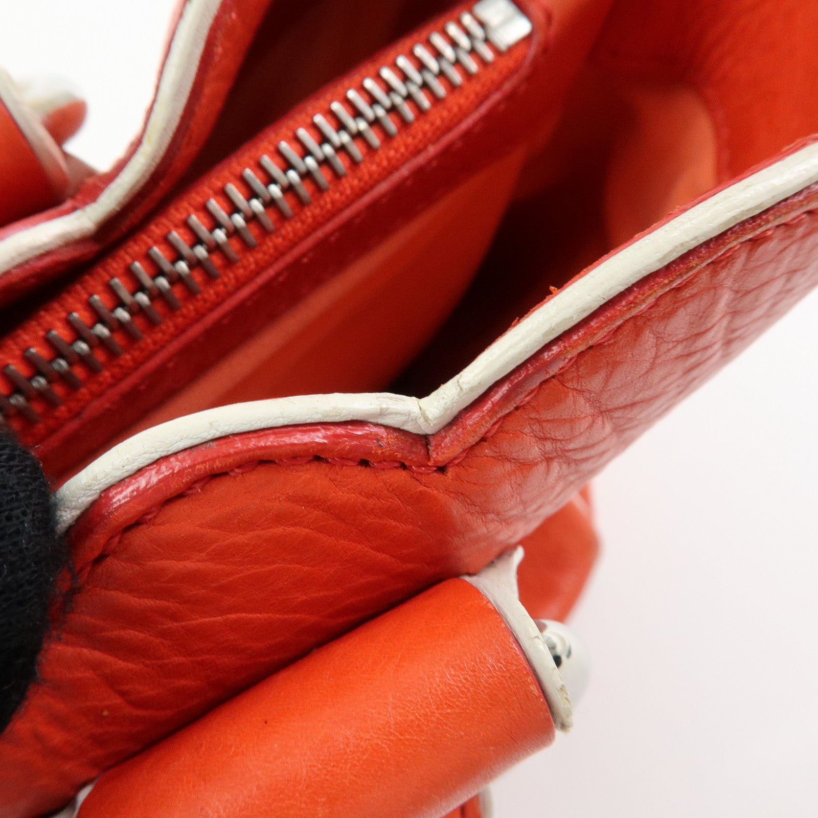 CELINE Scalloped Boogie Bag Leather Hand Bag Tote Bag Orange White