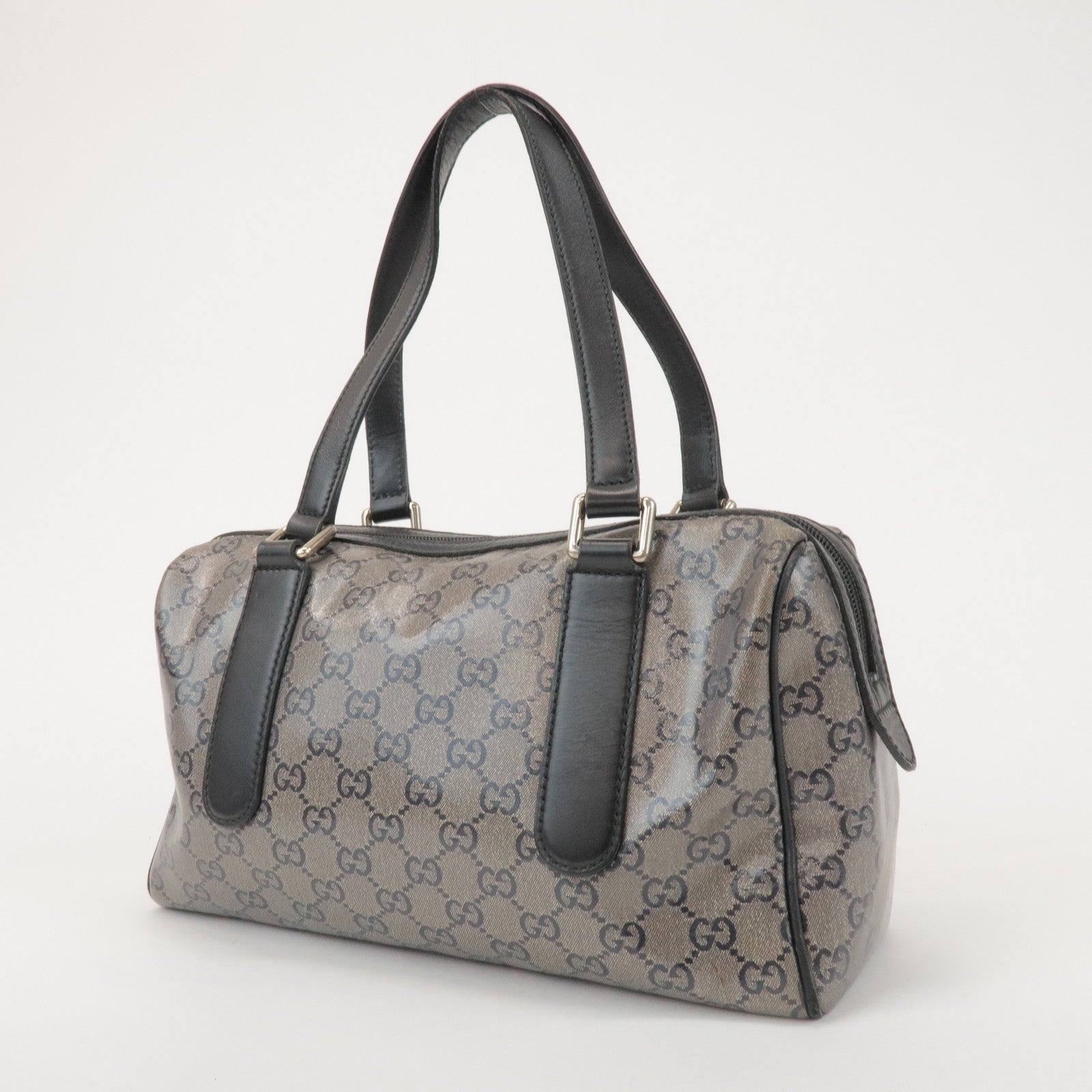 GUCCI GG Crystal Leather Boston Bag Hand Bag Silver Black 257289