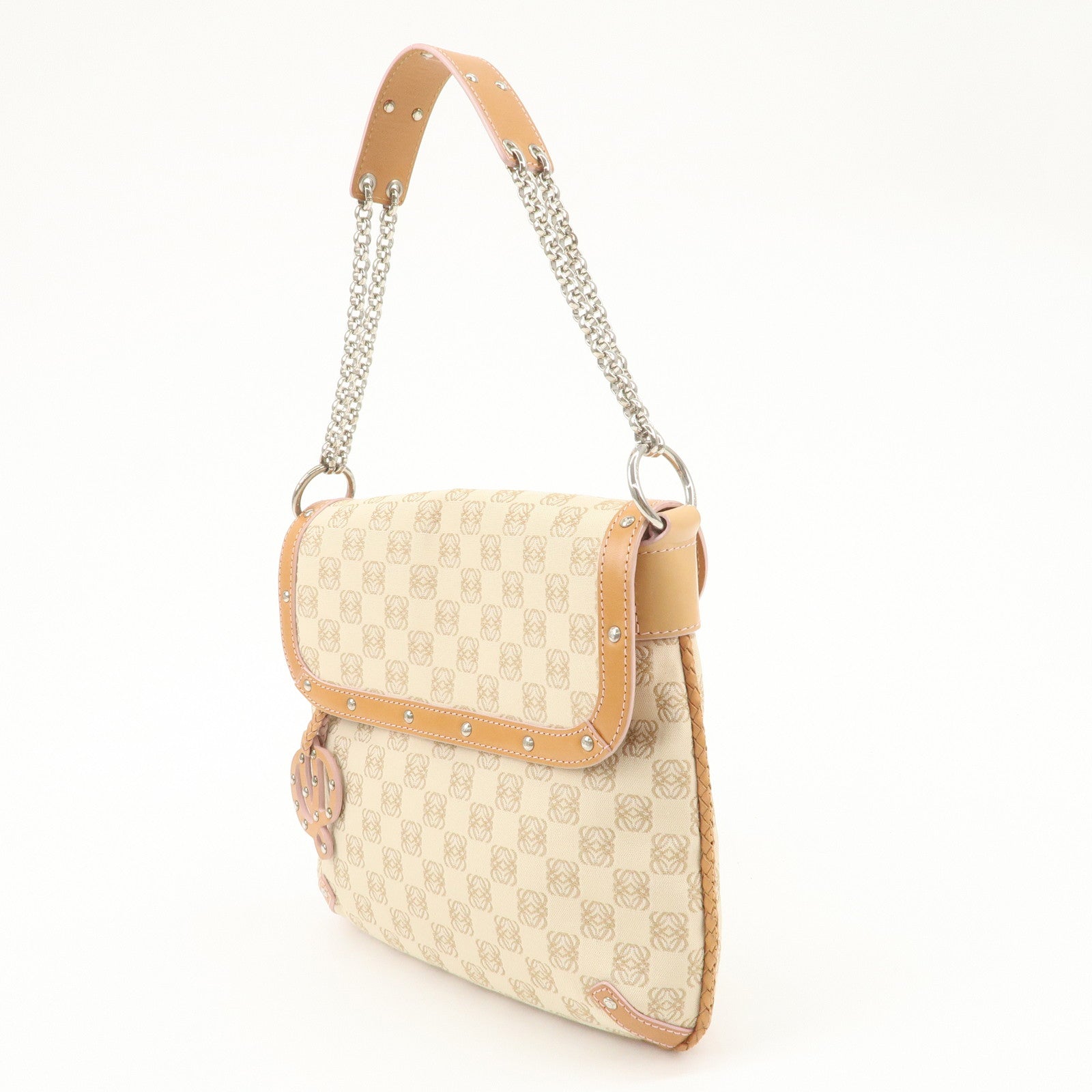LOEWE Repeat Anagram Leather Canvas Chain Shoulder Bag Beige Brown Used