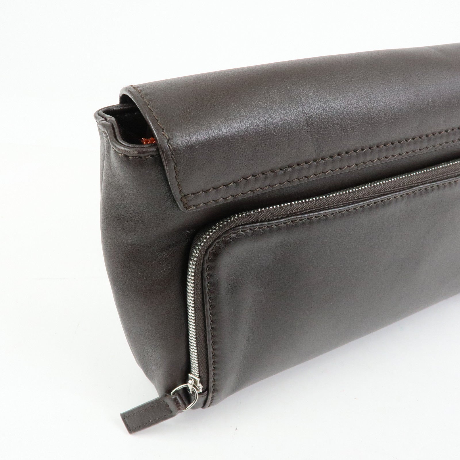 Ferragamo Leather Clutch Bag Second Bag Wrist Strap Brown