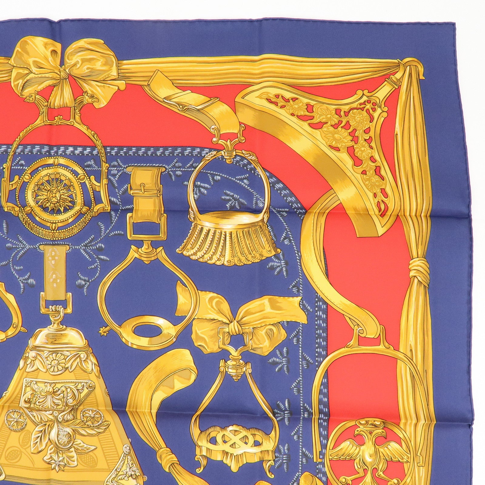 HERMES Carre 90 Silk 100% Scarf ETRIERS Gold Red Navy
