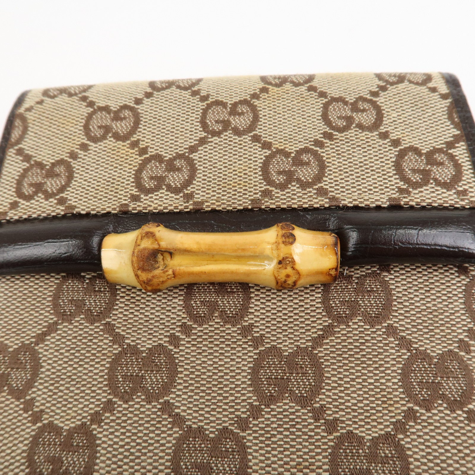 GUCCI Bamboo GG Canvas Leather W Hook Compact Wallet Beige 112521