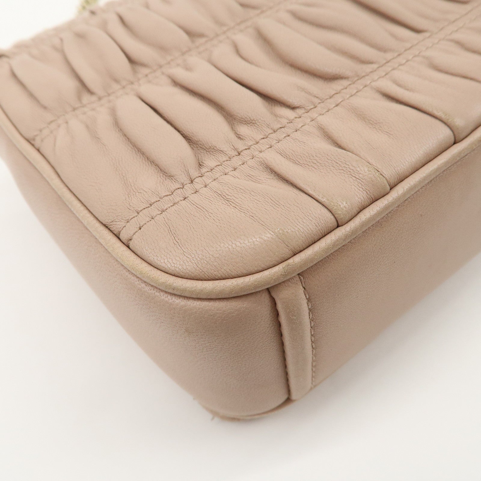 PRADA Logo Leather Gathered Chain Shoulder Bag Pink Beige 1BD147