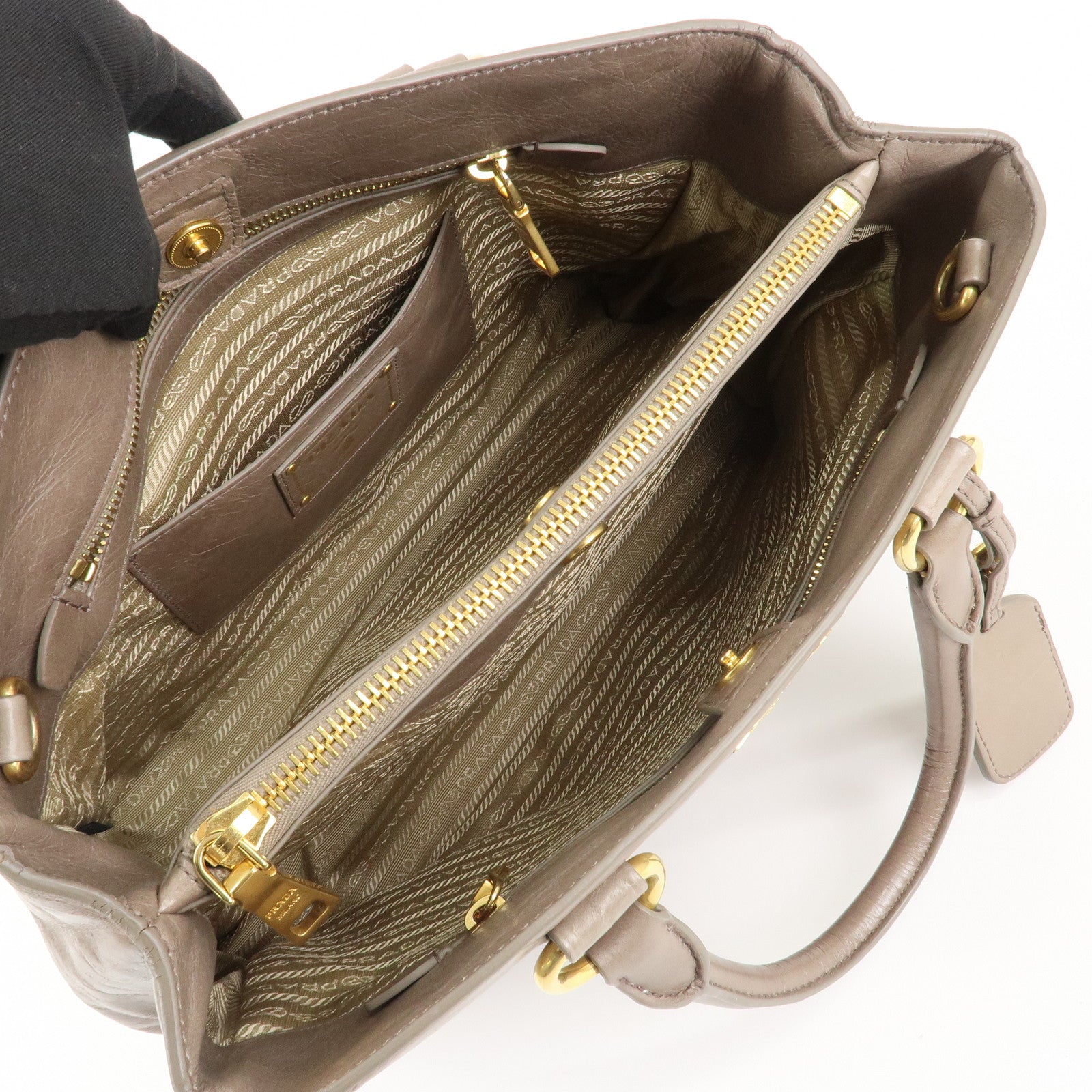 PRADA Logo Leather 2Way Bag Hand Bag Shoulder Bag Greige BN2533 Used