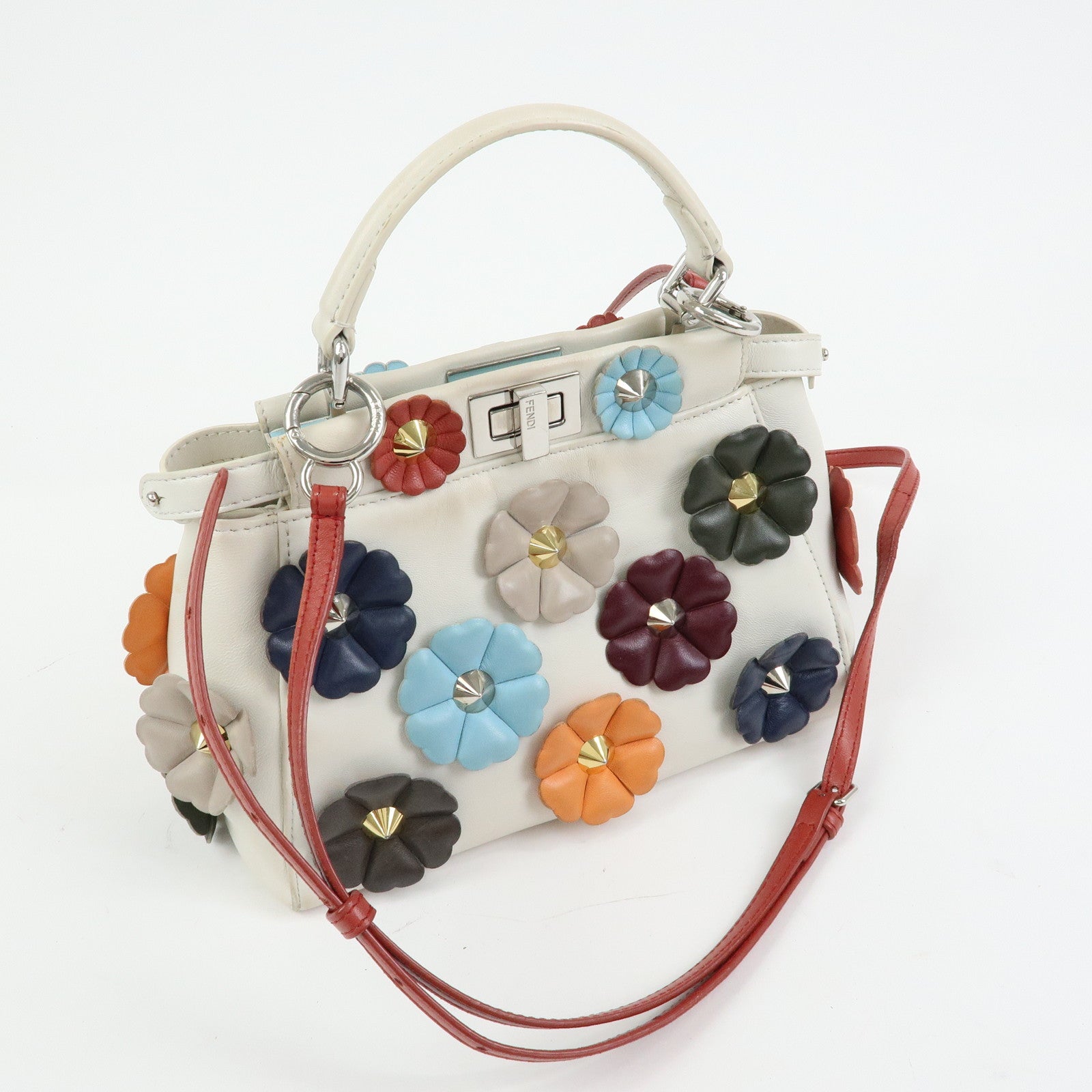 FENDI Peekaboo Mini 2Way Shoulder Bag Hand Bag Flower Ivory 8BN244