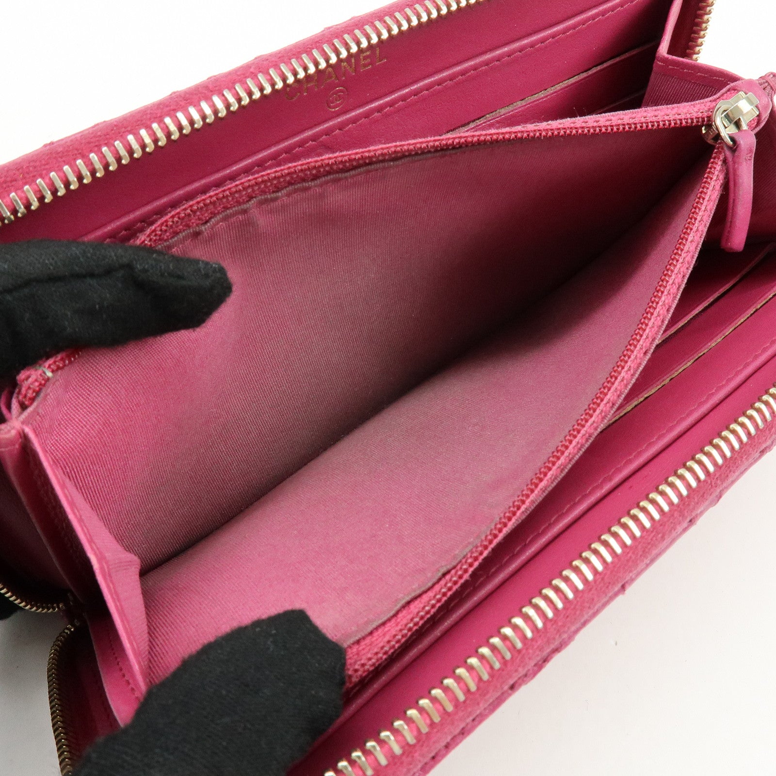 CHANEL Camellia No.5 COCO Mark Calf Leather Zippy Long Wallet Pink