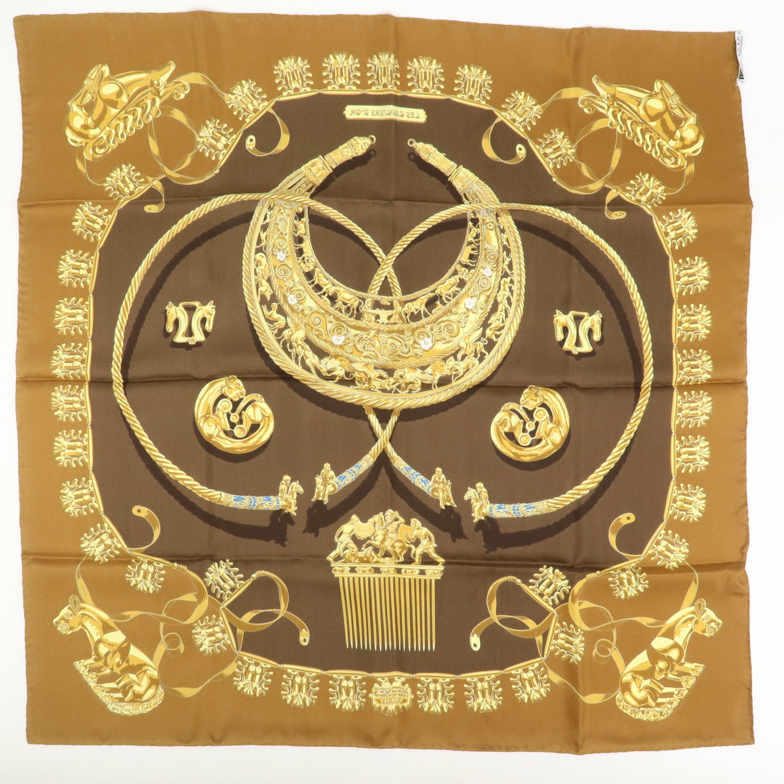 HERMES Carre 90 Silk 100% Scarf LES CAVALIERS D'OR Brown Gold