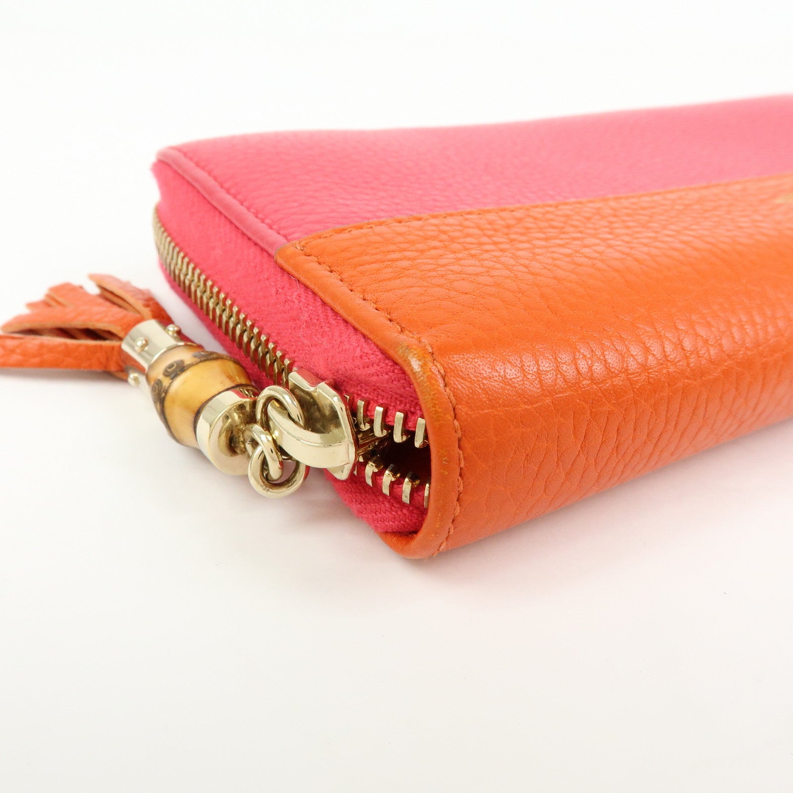 GUCCI Bamboo Leather Round Zippy Long Wallet Pink Orange 307984