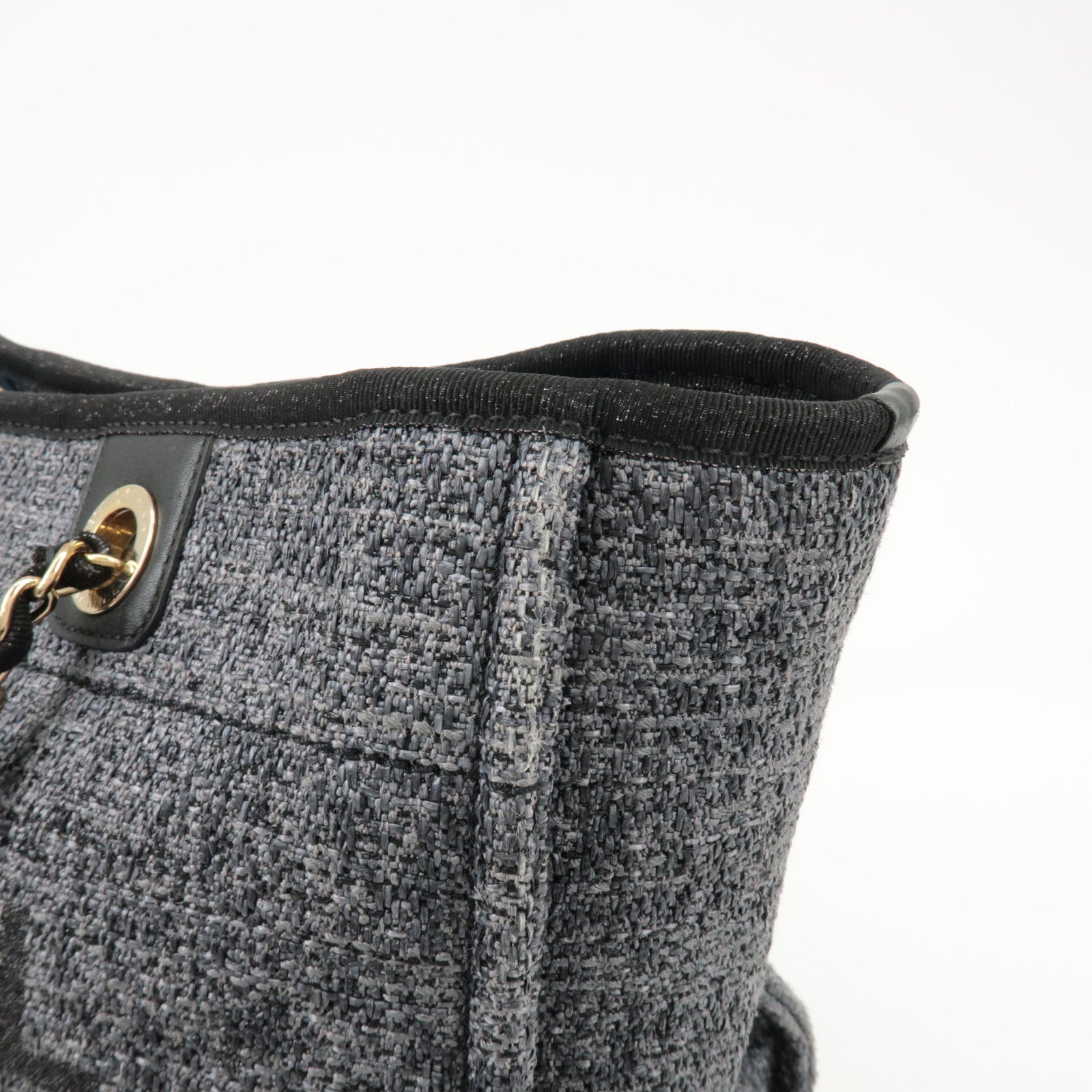 CHANEL Deauville Raffia Leather Chain Tote Bag MM Navy A66941 Used