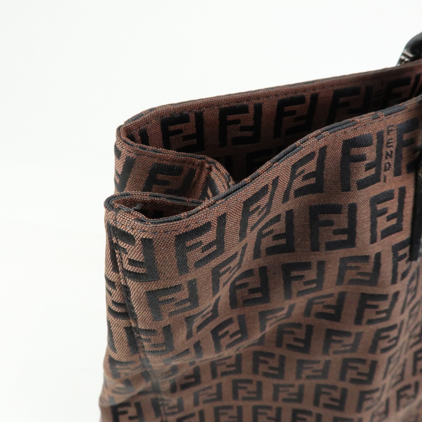 FENDI Zucchino Canvas Leather Tote Bag Hand Bag Brown Black