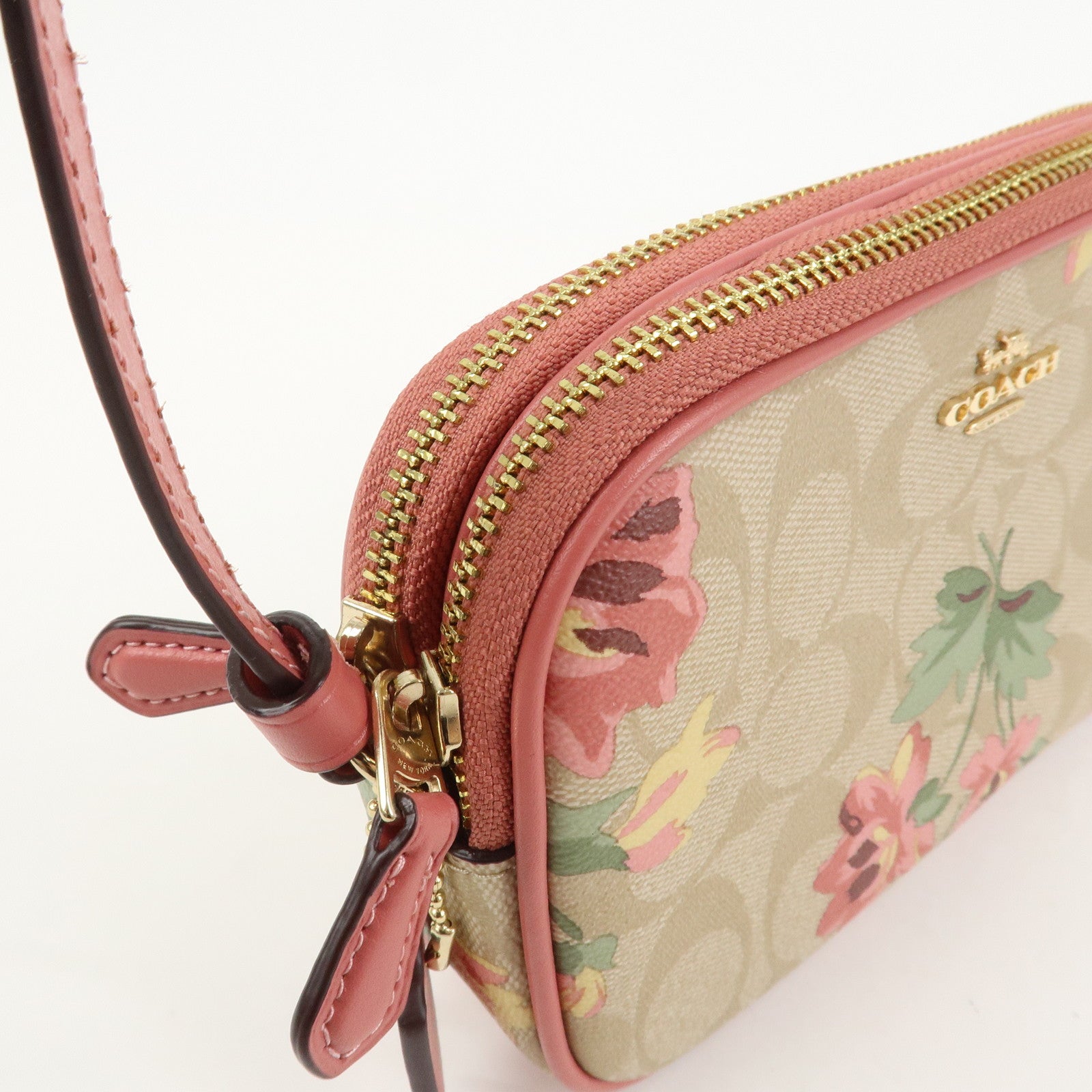 COACH Signature PVC Canvas Leather Shoulder Bag Beige Pink