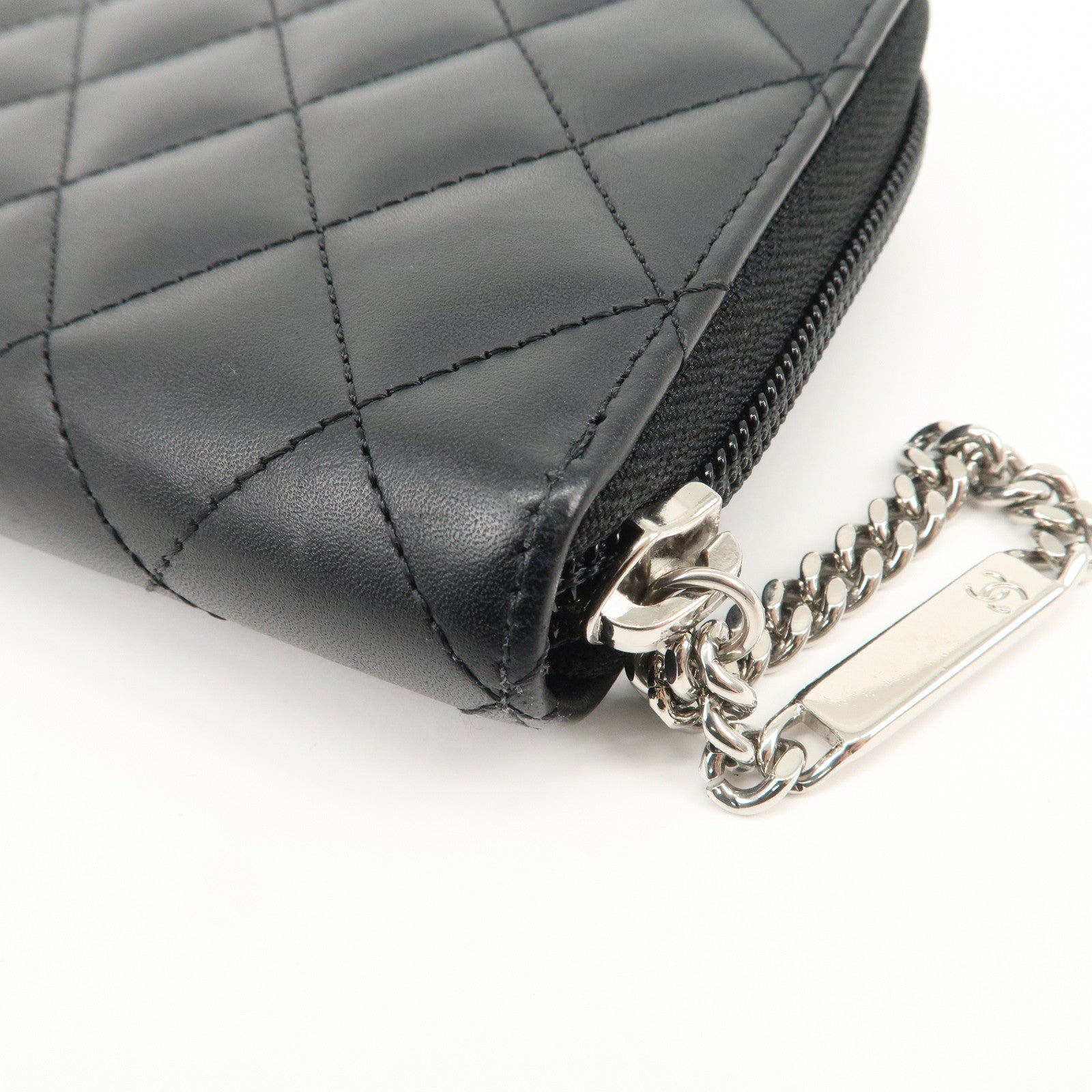 CHANEL Cambon Line Lamb Skin Round Zippy Long Wallet Black A50078 Used