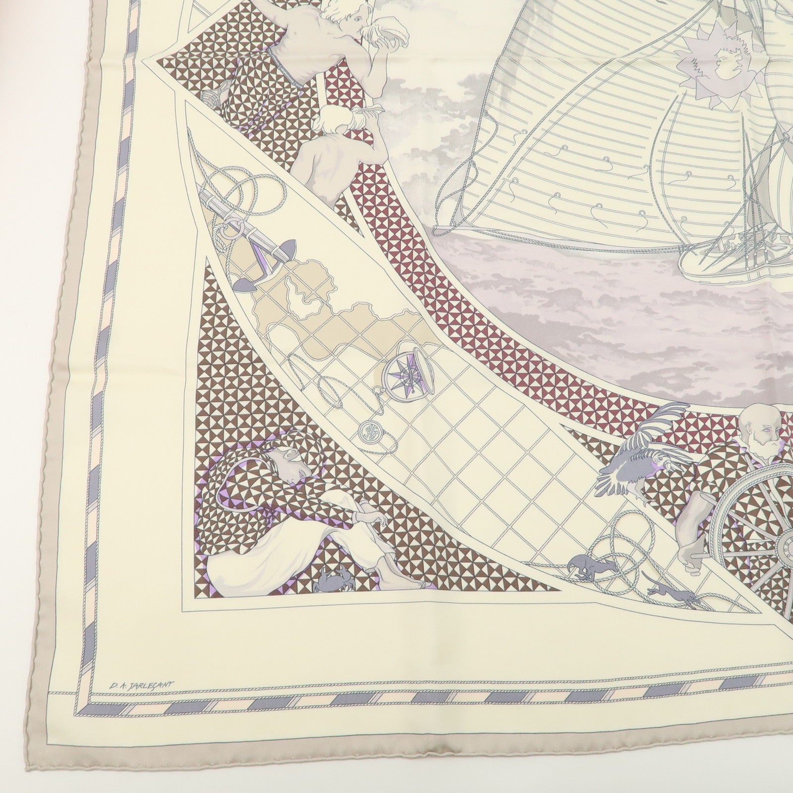 HERMES Carre 90 Silk 100% Scarf VOYAGE au LONGCOURS Ivory Used