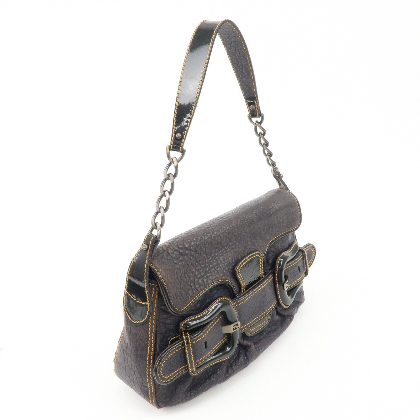 FENDI Leather Patent Leather shoulder Bag Belt Navy 8BR551