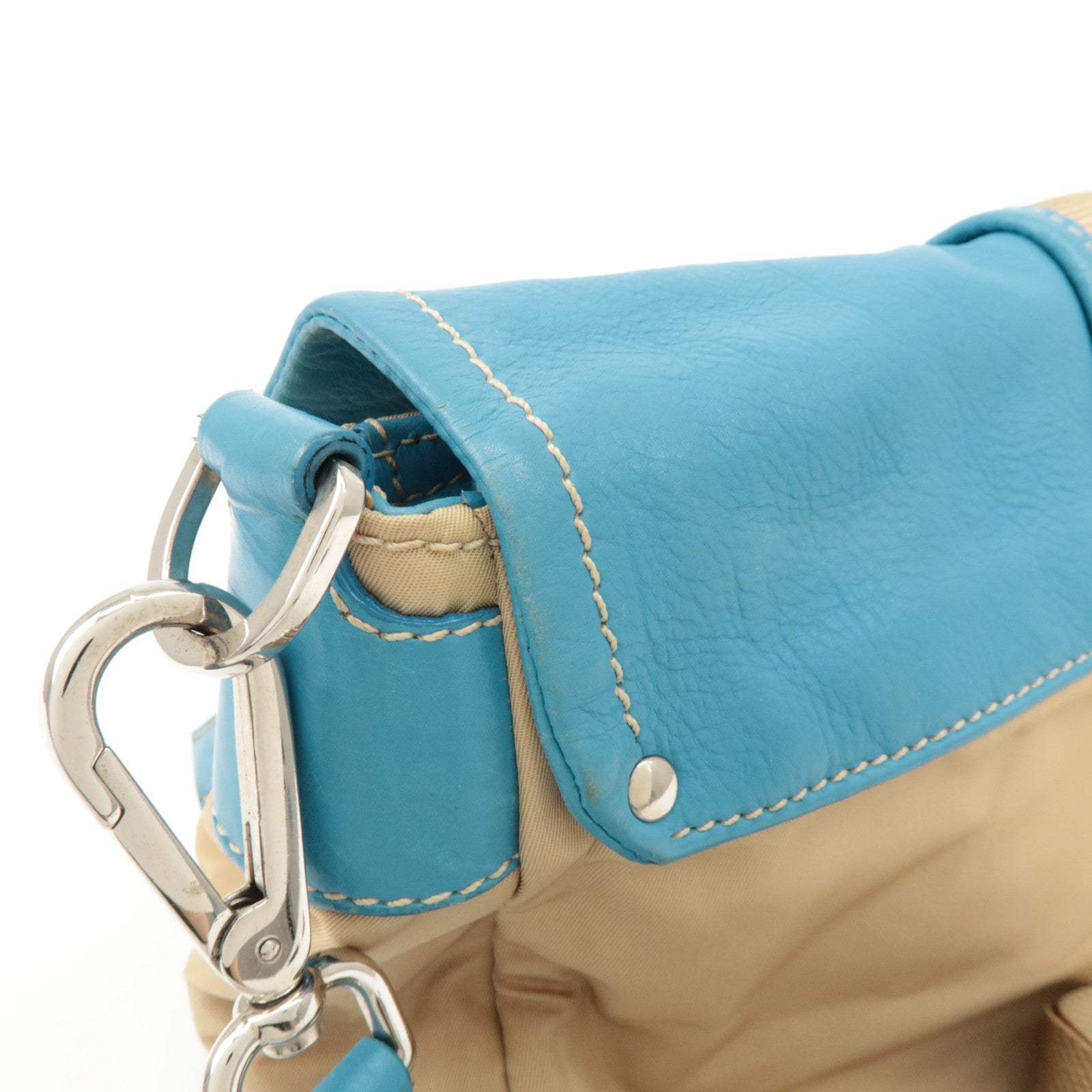 PRADA Nylon Leather Shoulder Bag Crossbody Bag Blue Beige BR2417 Used