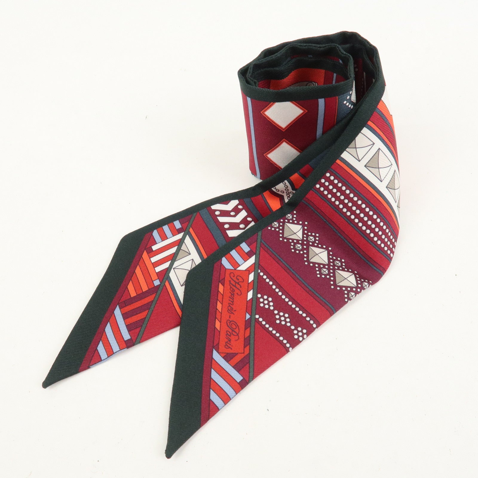 HERMES Twilly Silk 100% Scarf COLLIERS DE CHIENS REMIX Green Red