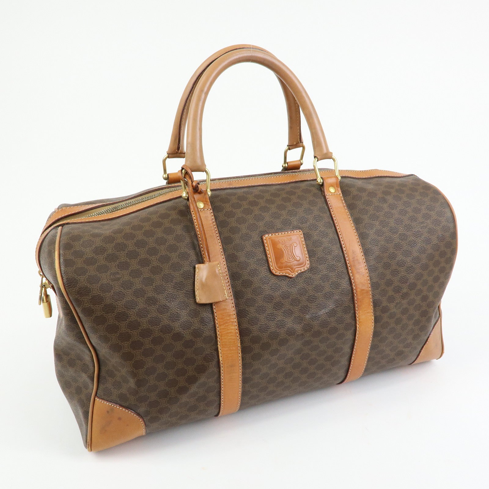 CELINE Logo Macadam PVC Leather Boston Bag Hand Bag Brown