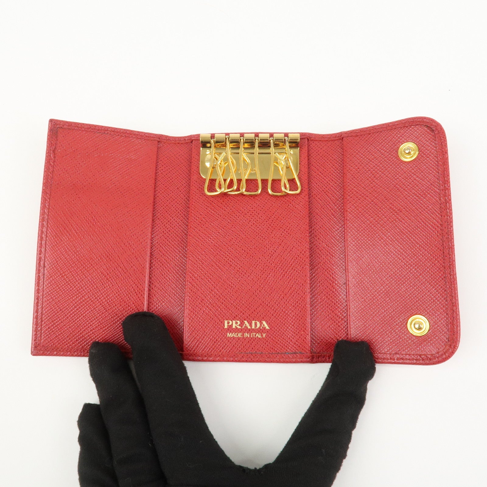 PRADA Logo Saffiano Leather Key Case Key Holder Red 11BG222