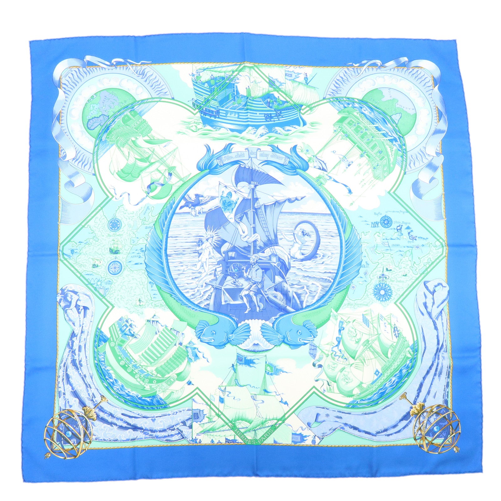 HERMES Carre 90 Silk 100% Scarf Au-dela des cinq mers Blue Green