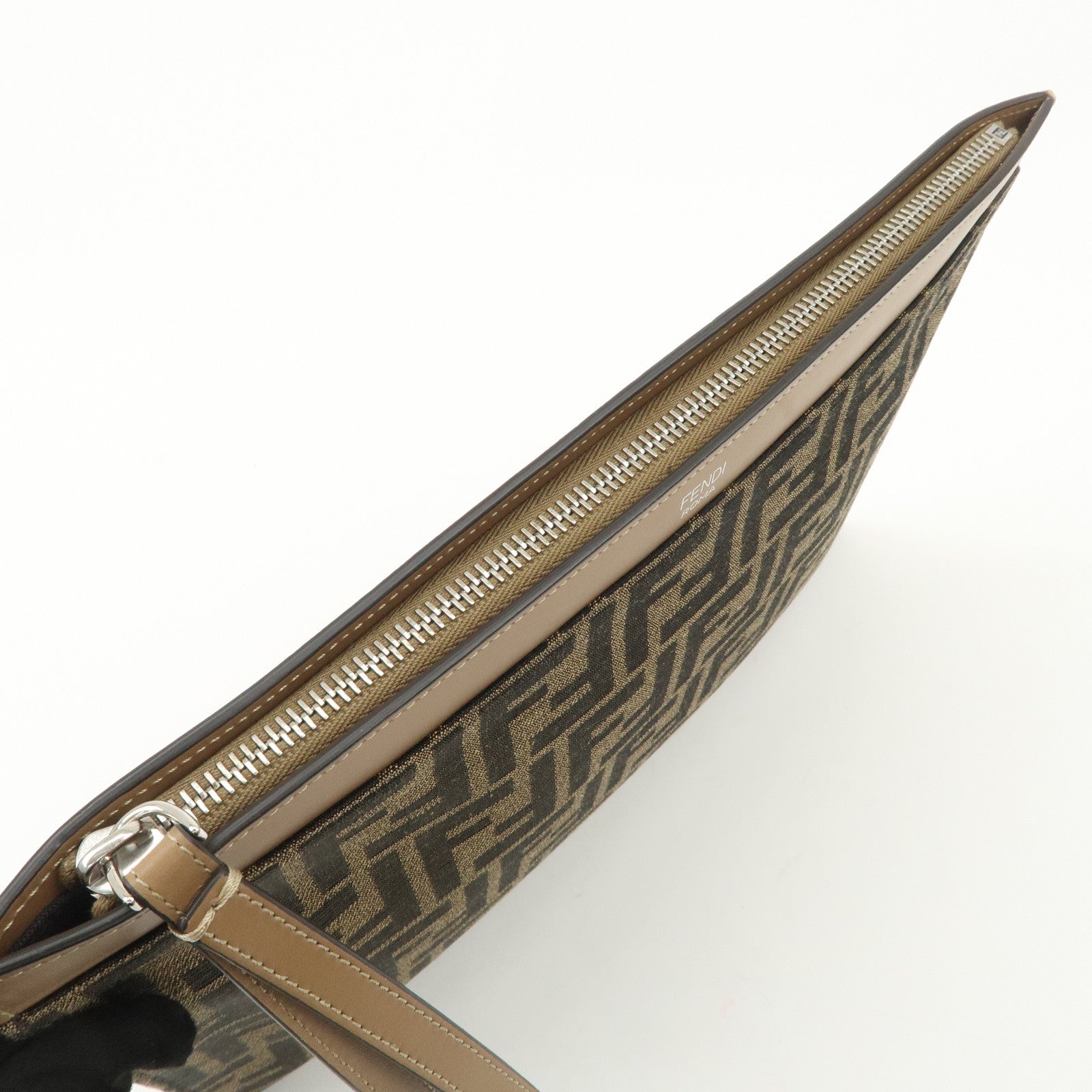 FENDI Zucca Leather Canvas Slim Clutch Bag Medium Brown 7N0134