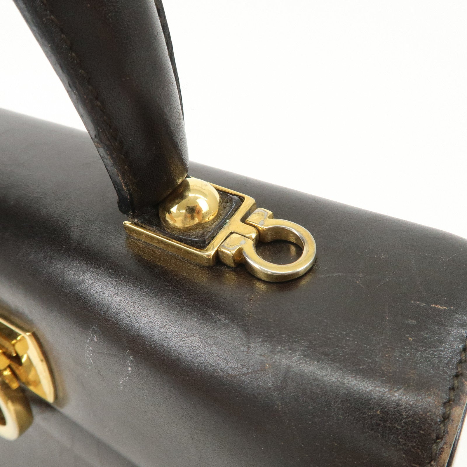 Ferragamo Gancini Leather 2Way Hand Bag Shoulder Bag Brown