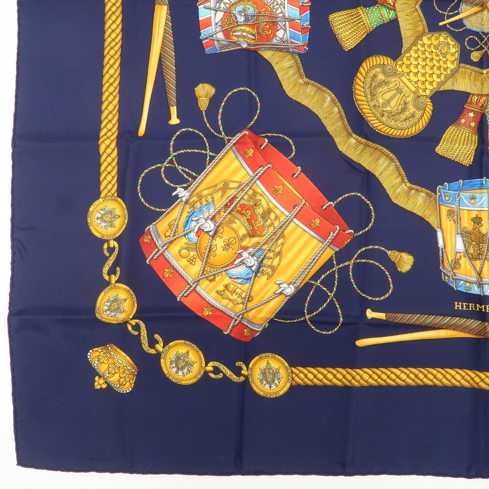 HERMES Carre 90 Silk 100% LES TAMBOURS Scarf Navy Gold