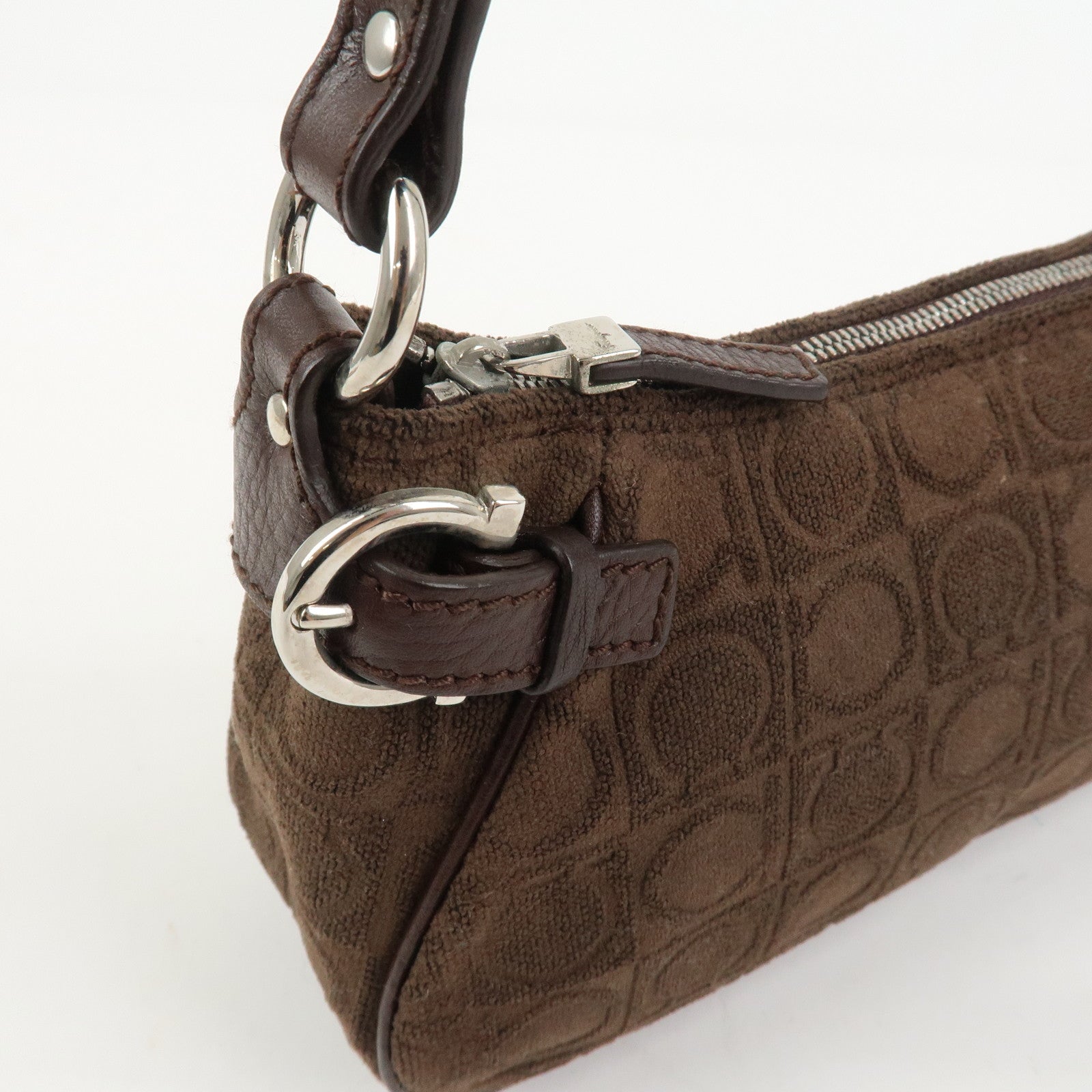 Ferragamo Gancini Polyester Leather Shoulder Bag Hand Bag Brown