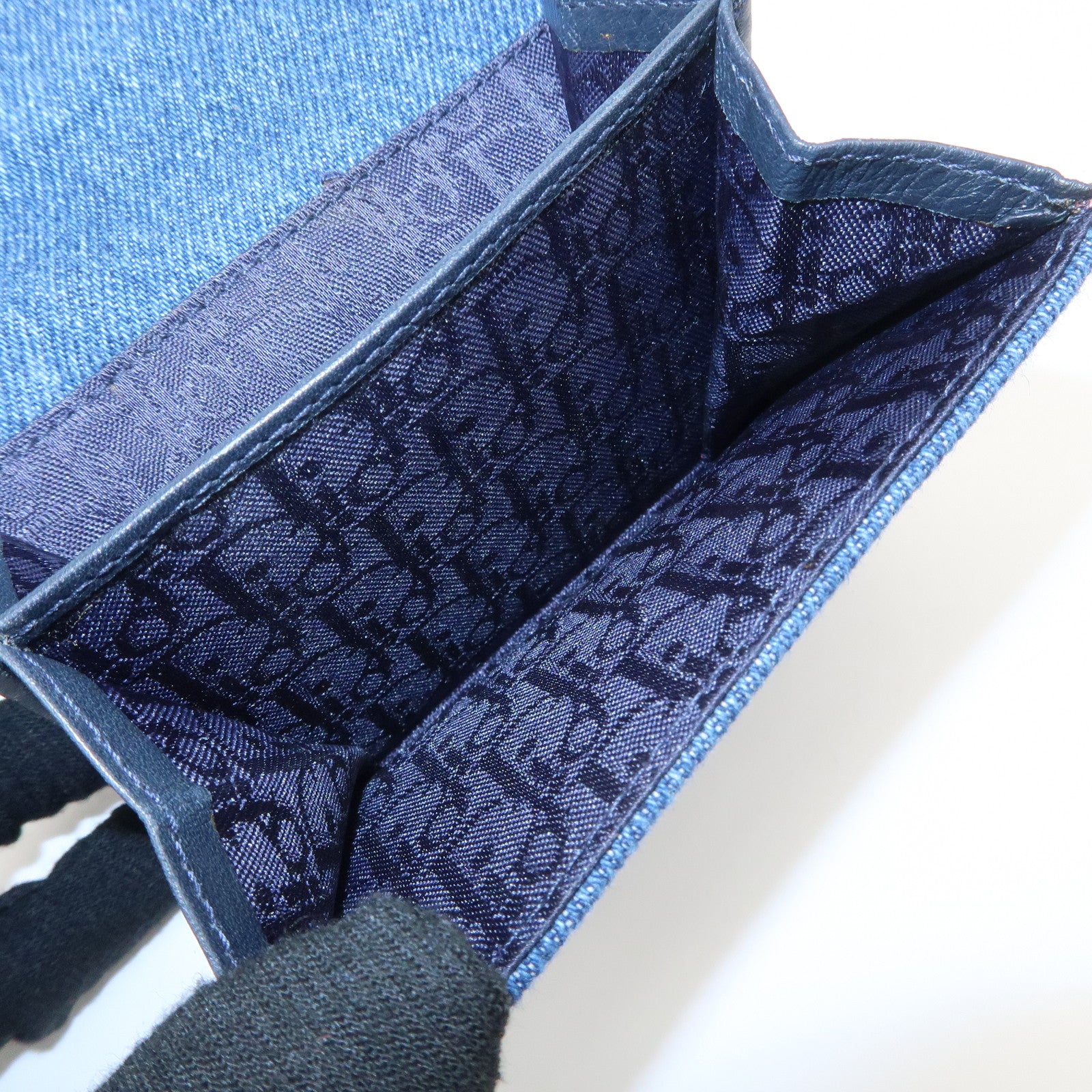 Christian Dior Saddle Lotus Wallet Denim Blue Pink Silver GDW Used