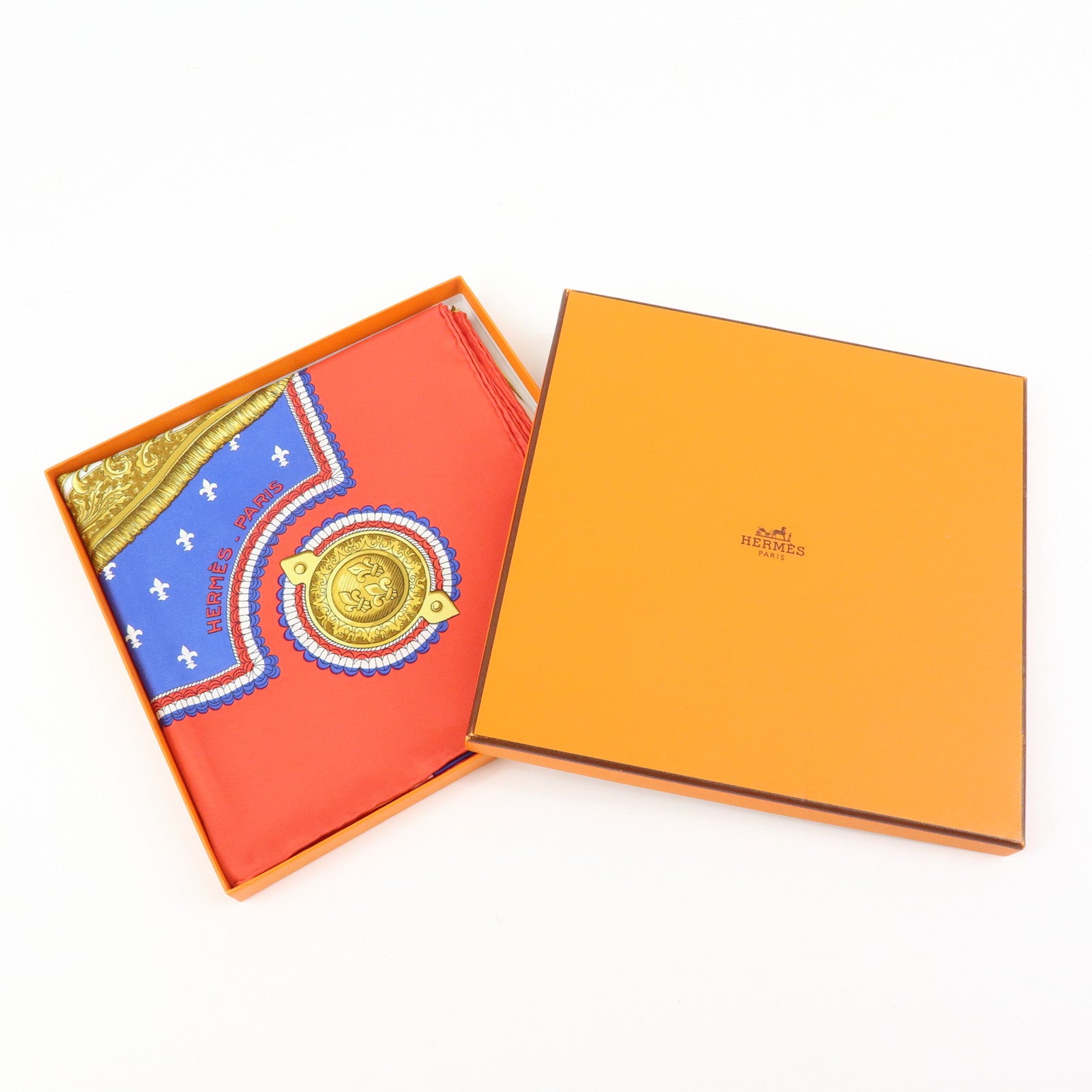 HERMES Carre 90 Silk 100% Scarf SELLES A HOUSSE Blue White Gold Red