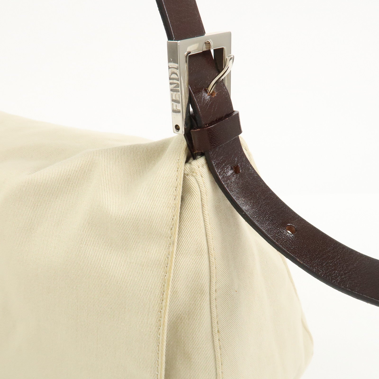 FENDI Mamma Baguette Canvas Leather Shoulder Bag Ivory Brown 26325